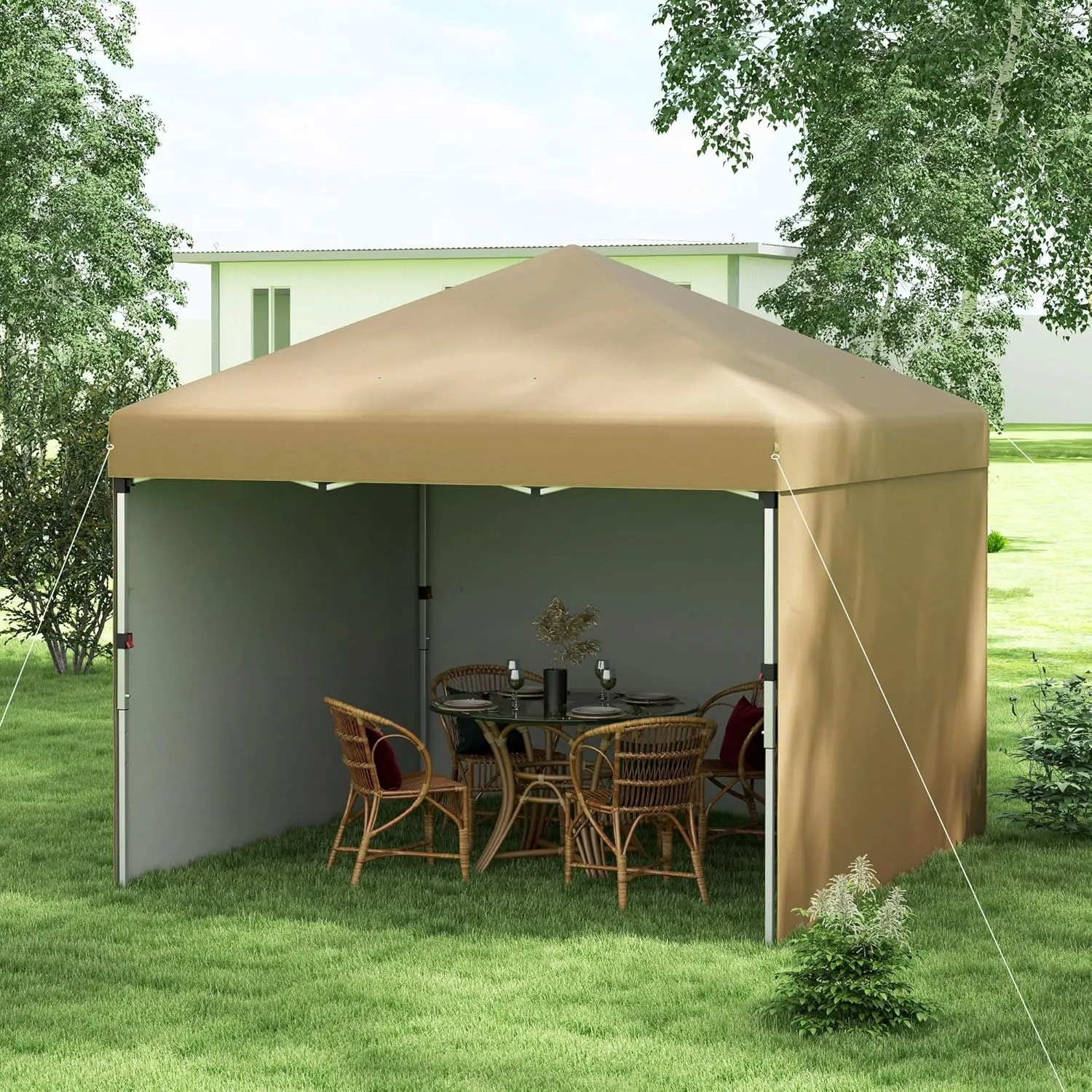 Outsunny 10' x 10' Pop Up Canopy Tent with 3 Sidewalls, Leg Weight Bags and Carry Bag, Height Adjustable, Instant Party Tent Event Shelter Gazebo for Garden, Patio, Beige
