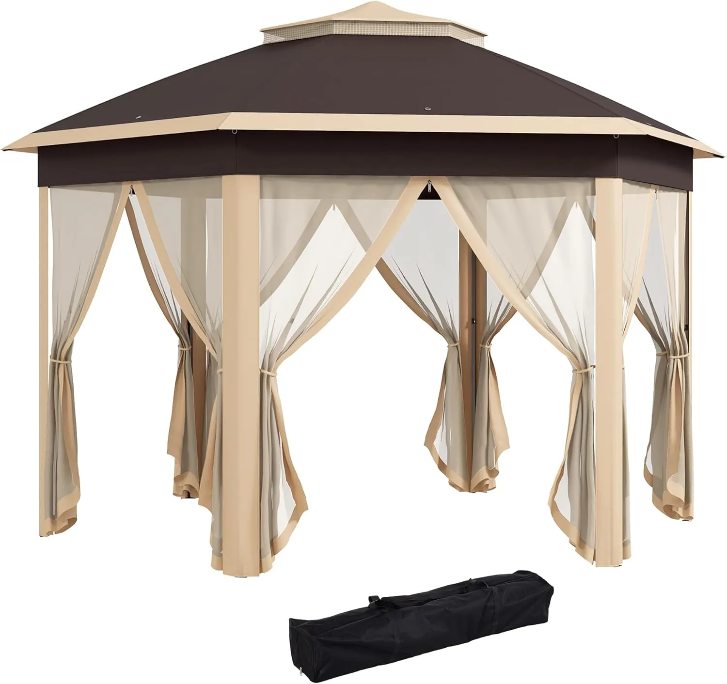 Outsunny 13' x 13' Pop Up Gazebo, Hexagonal Canopy Shelter with 6 Zippered Mesh Netting, Event Tent with Strong Steel Frame for Patio Backyard Garden Wedding Party, Beige