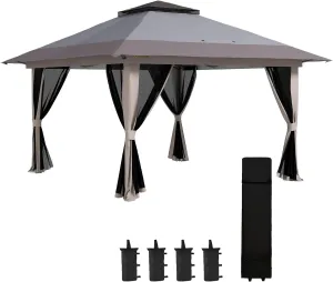 Outsunny 13' x 13' Pop Up Gazebo with Netting, UPF 50  Instant Canopy Tent Shelter with Water/Sand Bags, Wheeled Carry Bag, for Outdoor, Garden, Parties, Light Gray