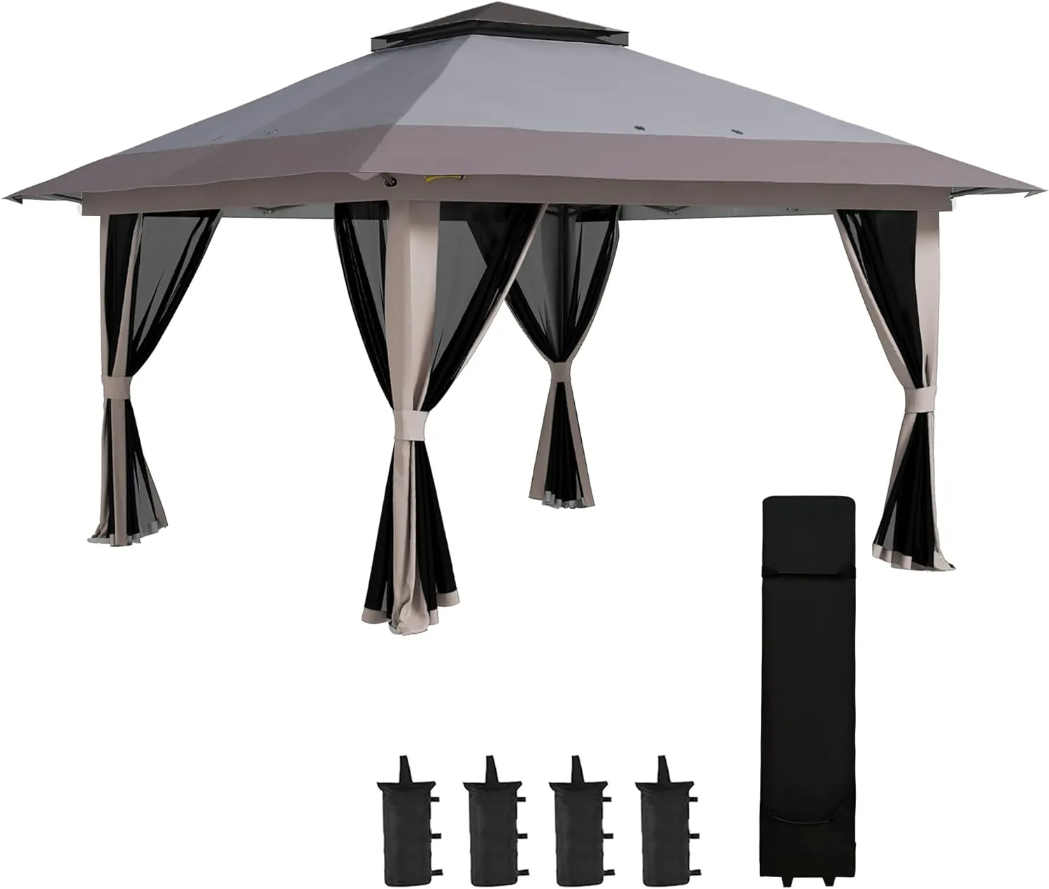 Outsunny 13' x 13' Pop Up Gazebo with Netting, UPF 50  Instant Canopy Tent Shelter with Water/Sand Bags, Wheeled Carry Bag, for Outdoor, Garden, Parties, Light Gray