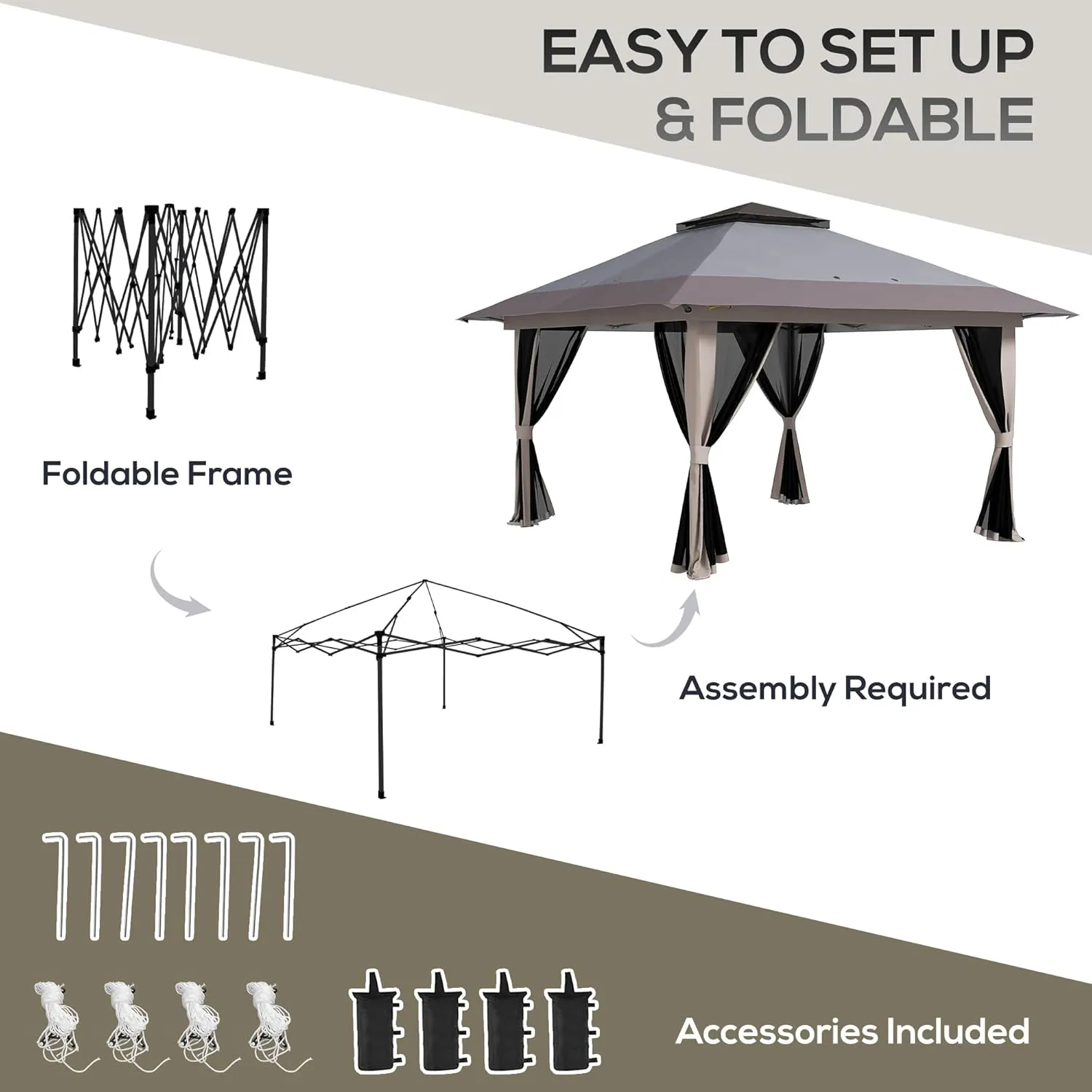 Outsunny 13' x 13' Pop Up Gazebo with Netting, UPF 50  Instant Canopy Tent Shelter with Water/Sand Bags, Wheeled Carry Bag, for Outdoor, Garden, Parties, Light Gray