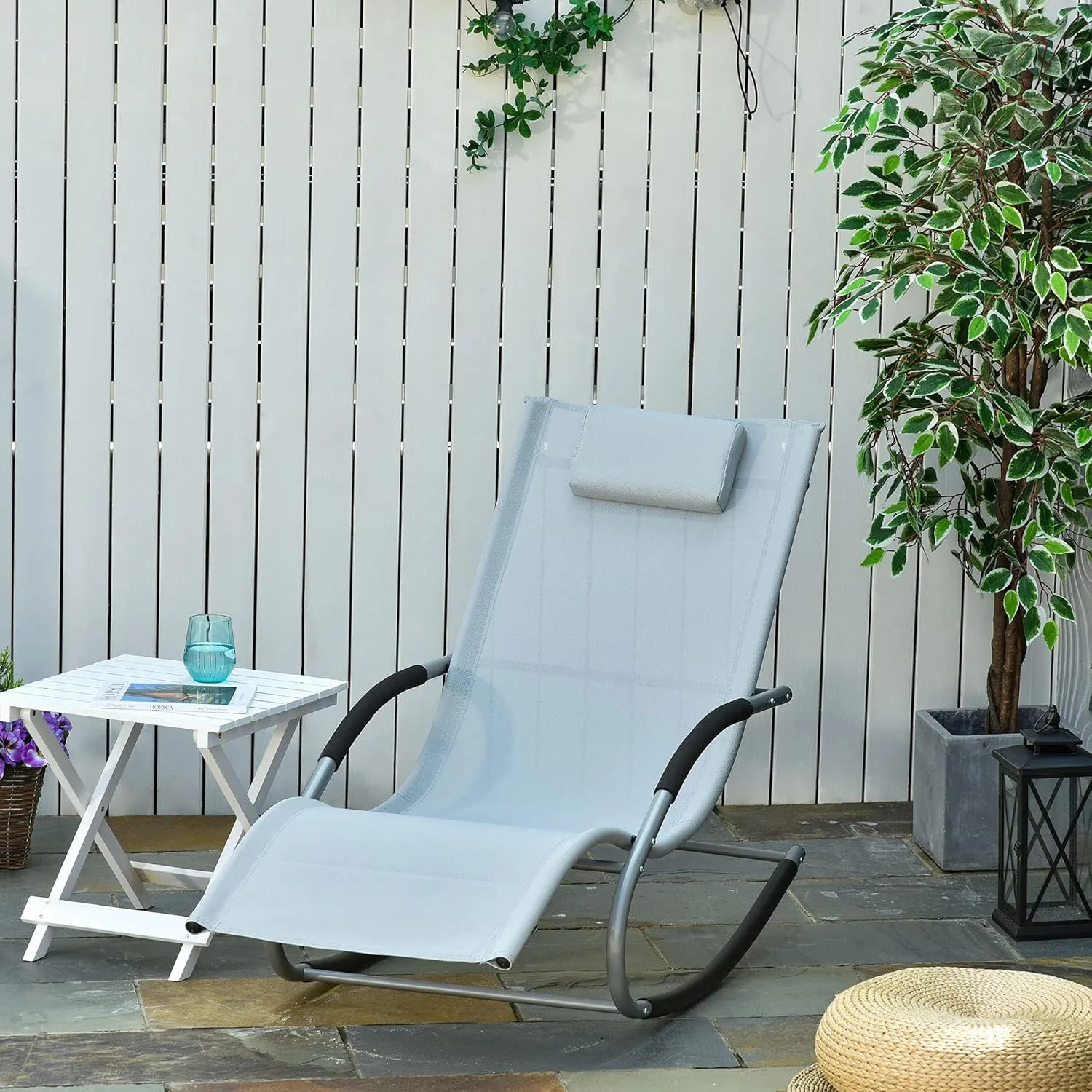 Outsunny Zero Gravity Rocking Chair Outdoor Chaise Lounge Chair Recliner Rocker with Detachable Pillow and Weather-Fighting Fabric for Patio, Deck, Pool, Gray