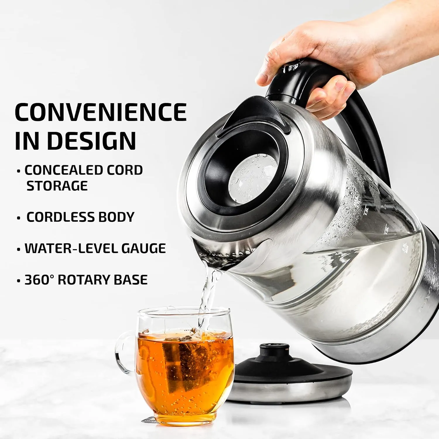 OVENTE Electric Kettle with 1.7L Borosilicate Glass, 1500W Instant Water Boiler and Heater for Coffee or Tea, BPA Free, Easy to Fill Lid, Auto Shut-Off and Boil Dry Protection, Silver KG612S