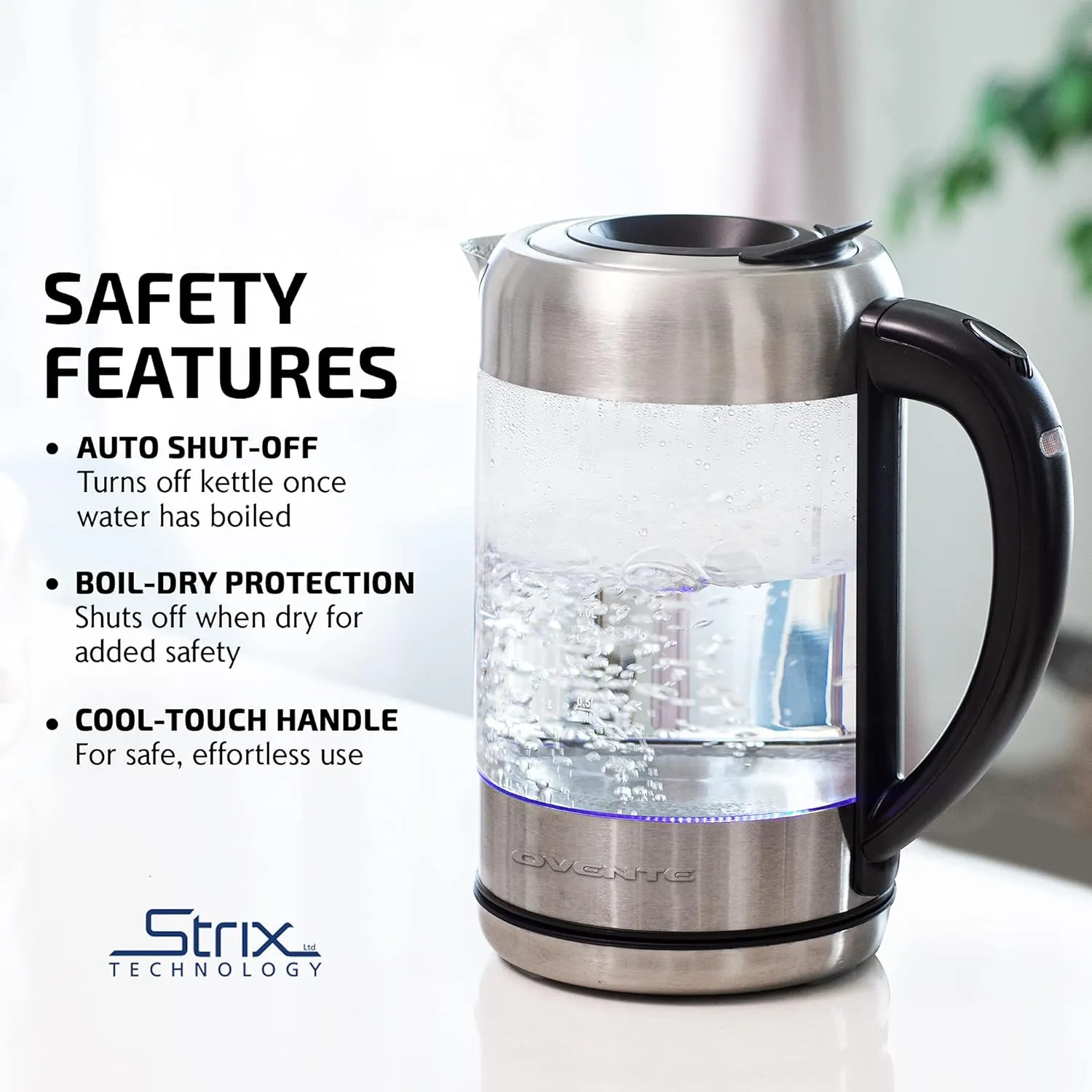 OVENTE Electric Kettle with 1.7L Borosilicate Glass, 1500W Instant Water Boiler and Heater for Coffee or Tea, BPA Free, Easy to Fill Lid, Auto Shut-Off and Boil Dry Protection, Silver KG612S