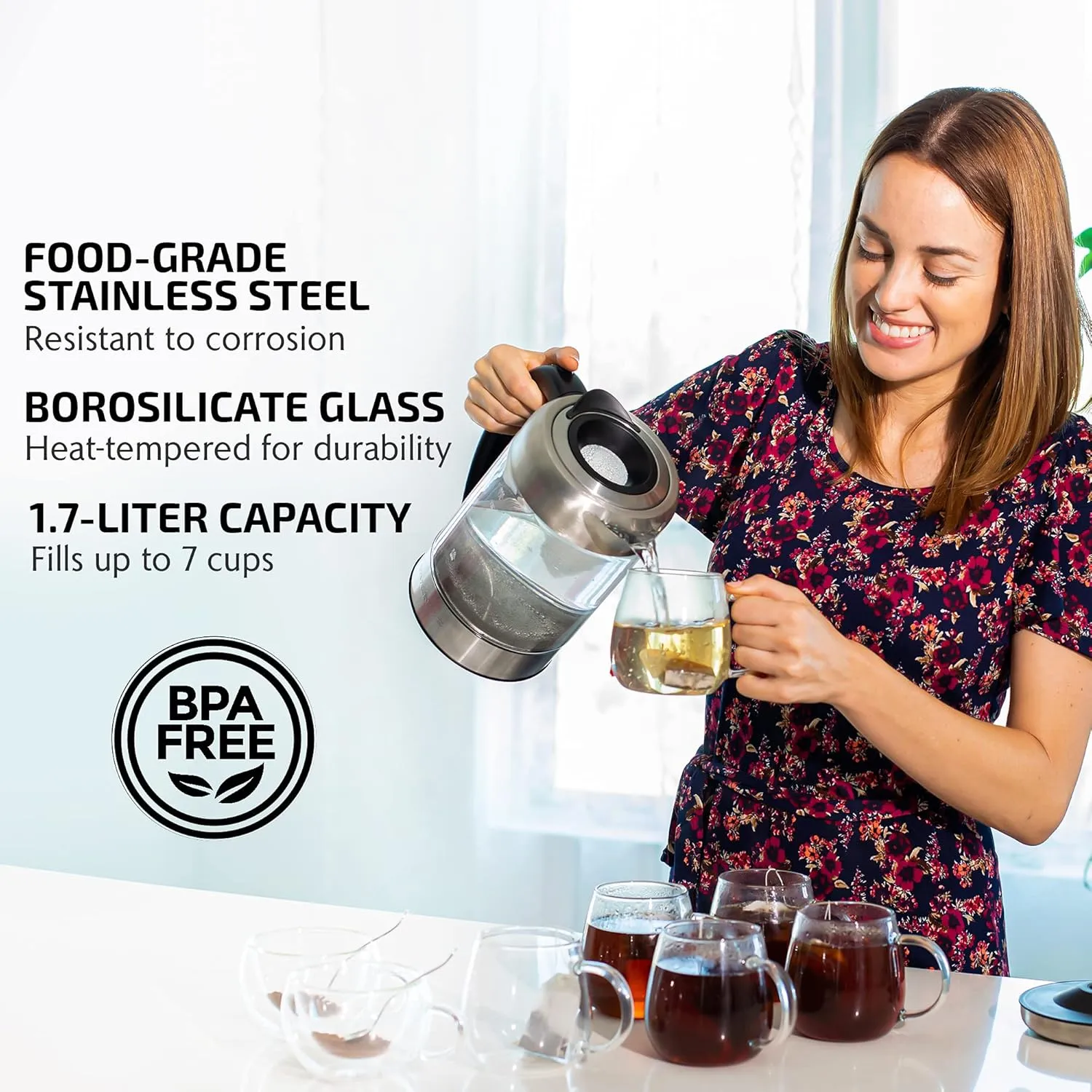 OVENTE Electric Kettle with 1.7L Borosilicate Glass, 1500W Instant Water Boiler and Heater for Coffee or Tea, BPA Free, Easy to Fill Lid, Auto Shut-Off and Boil Dry Protection, Silver KG612S