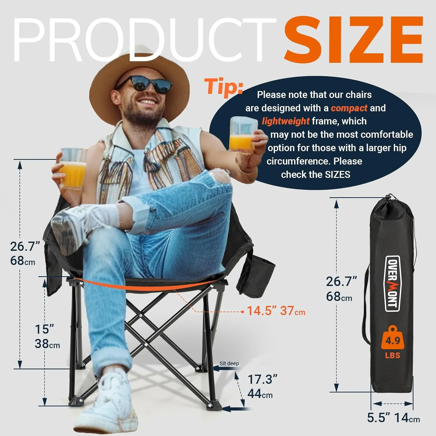 Overmont Pre-Assembled Portable Folding Camping Chair - Lightweight Camp Chair with Side Pocket, Foldable Chair for Outdoor Hiking Beach Travel with Carrying Bag, Supports up to 300LBs 2 pcs