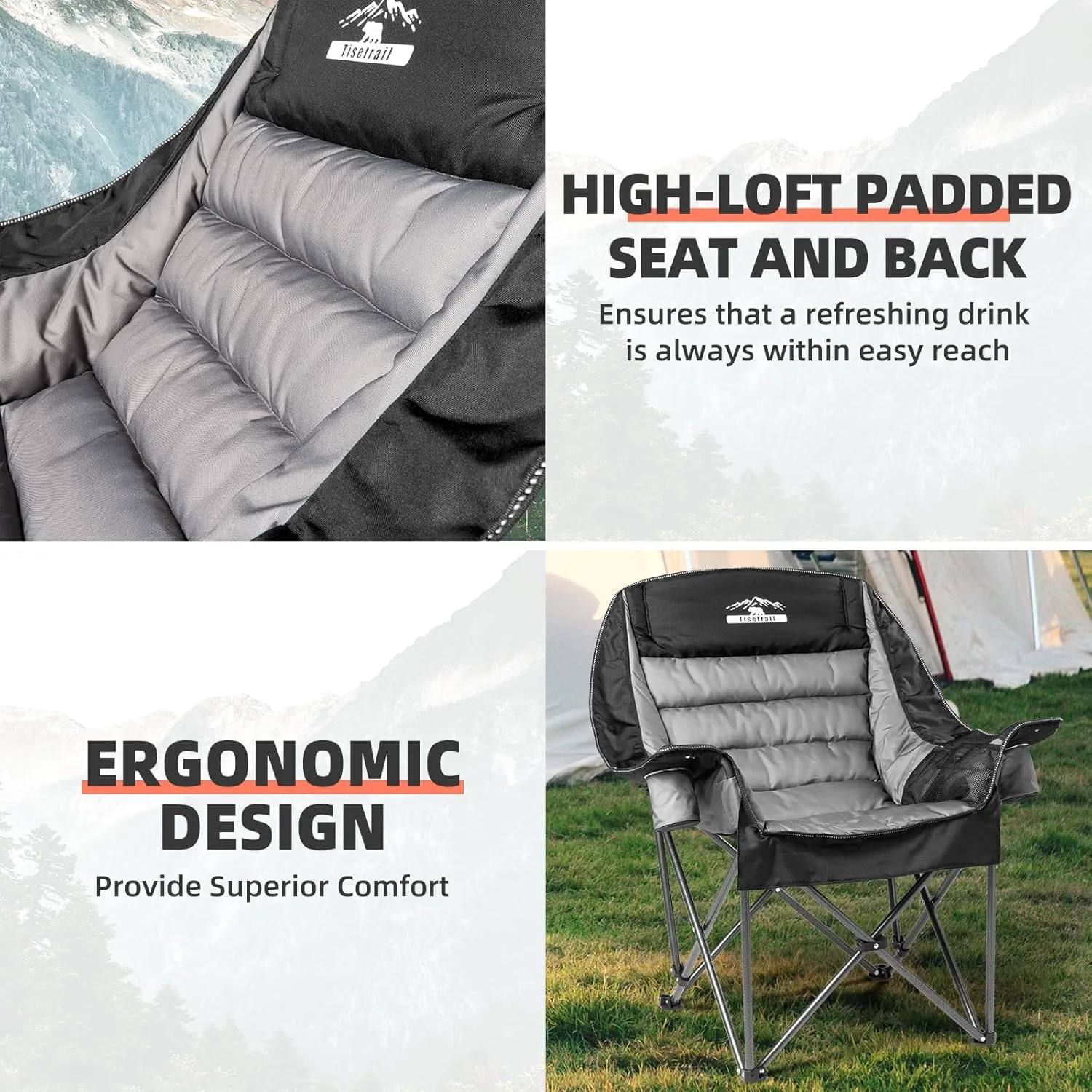 Oversized Padded Camping Chairs Outdoor Set of 2 Extra Large Camp Chairs for Adults with Side Pocket and Cup Holder, Heavy-Duty 500lbs Capacity, Black & Gray