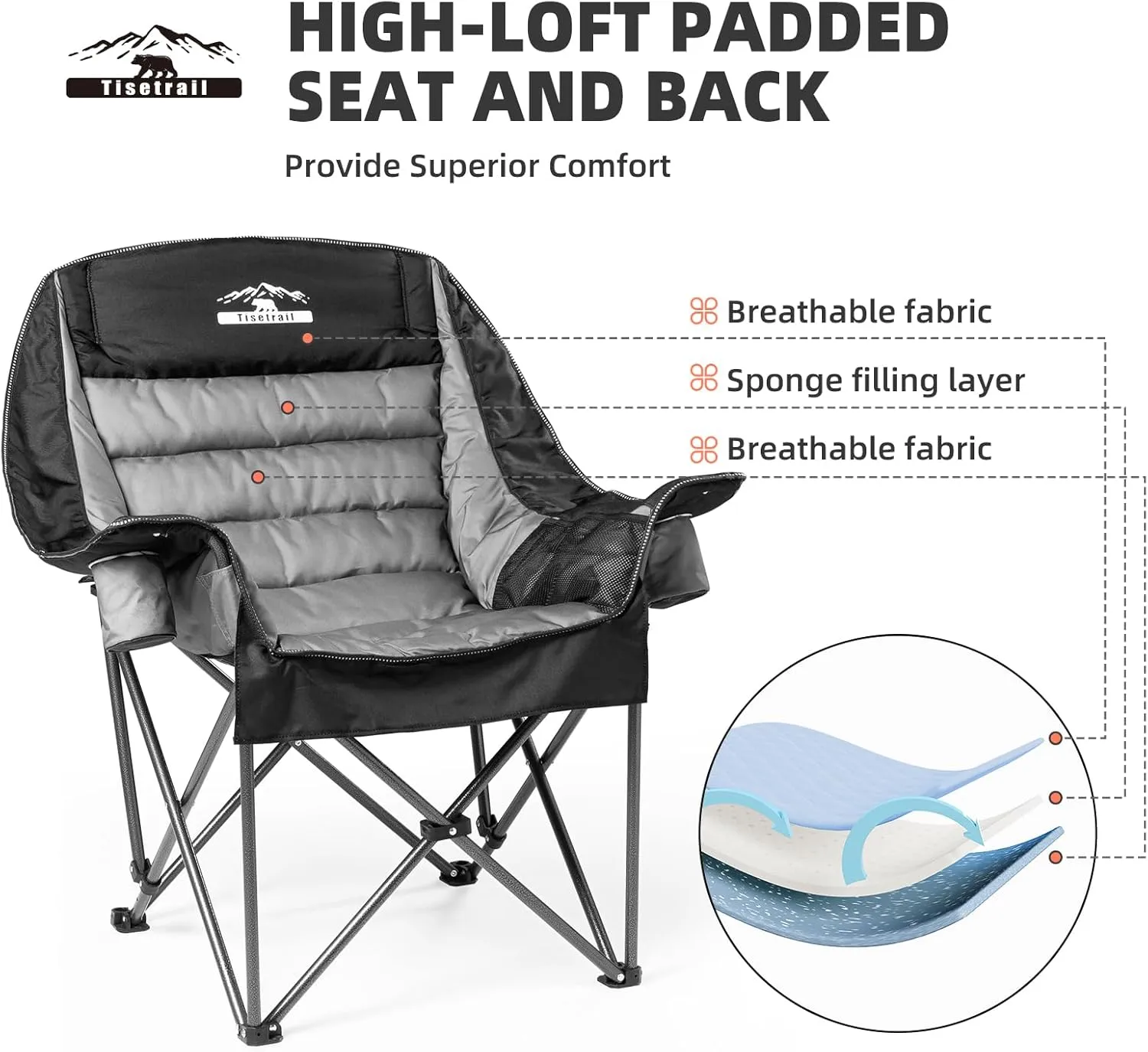 Oversized Padded Camping Chairs Outdoor Set of 2 Extra Large Camp Chairs for Adults with Side Pocket and Cup Holder, Heavy-Duty 500lbs Capacity, Black & Gray