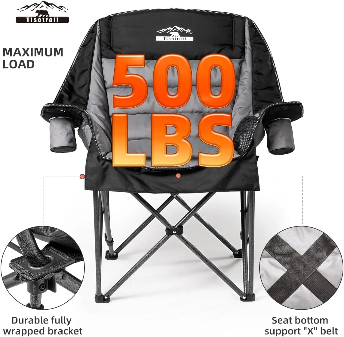 Oversized Padded Camping Chairs Outdoor Set of 2 Extra Large Camp Chairs for Adults with Side Pocket and Cup Holder, Heavy-Duty 500lbs Capacity, Black & Gray