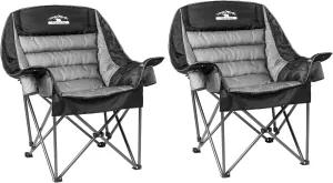 Oversized Padded Camping Chairs Outdoor Set of 2 Extra Large Camp Chairs for Adults with Side Pocket and Cup Holder, Heavy-Duty 500lbs Capacity, Black & Gray