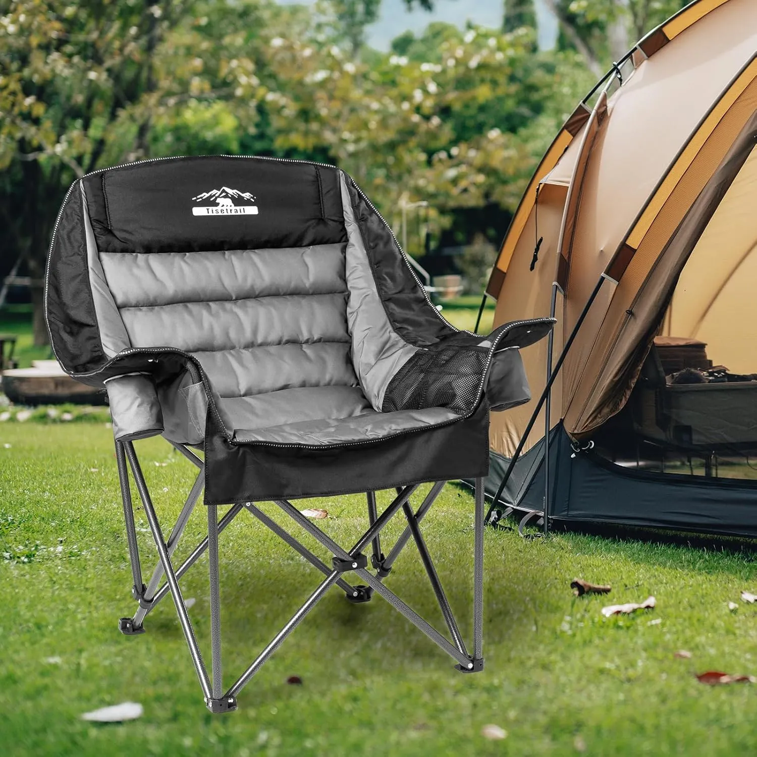 Oversized Padded Camping Chairs Outdoor Set of 2 Extra Large Camp Chairs for Adults with Side Pocket and Cup Holder, Heavy-Duty 500lbs Capacity, Black & Gray