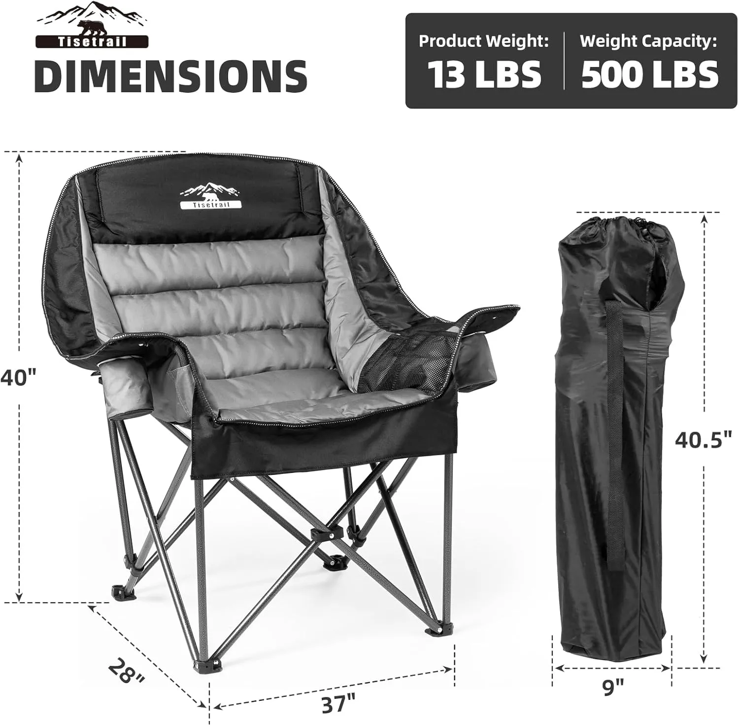 Oversized Padded Camping Chairs Outdoor Set of 2 Extra Large Camp Chairs for Adults with Side Pocket and Cup Holder, Heavy-Duty 500lbs Capacity, Black & Gray