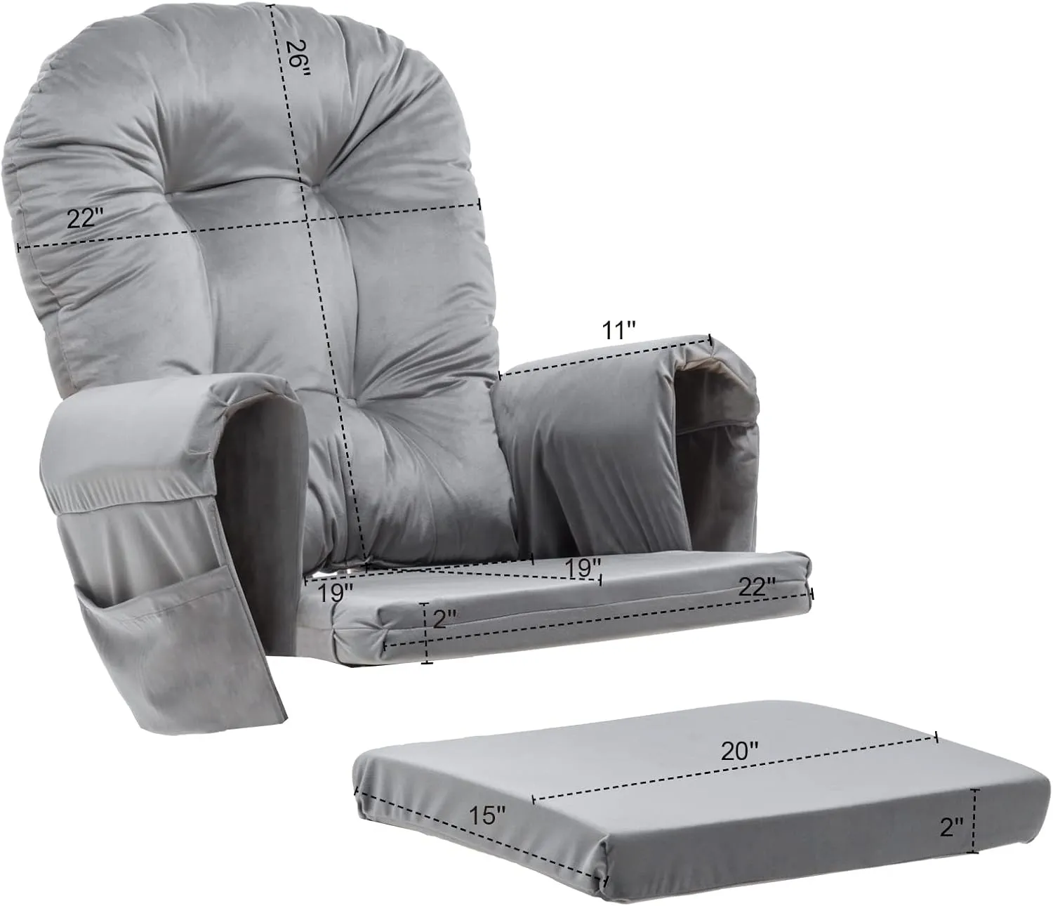 Paddie Glider Rocker Replacement Cushions Velvet with Storage, Rocking Chair Cushion Set with Ties, 5PCS, Light Grey