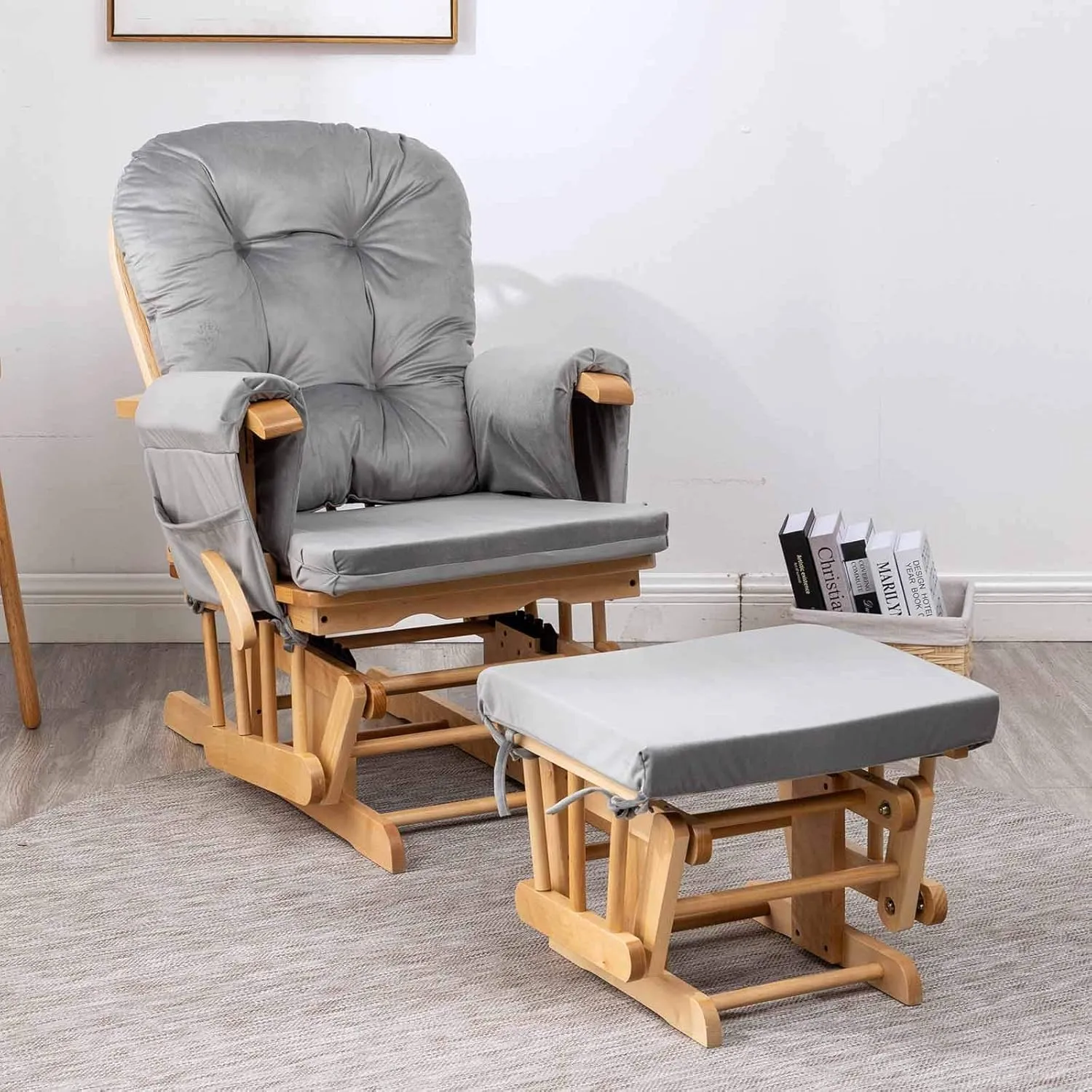 Paddie Glider Rocker Replacement Cushions Velvet with Storage, Rocking Chair Cushion Set with Ties, 5PCS, Light Grey