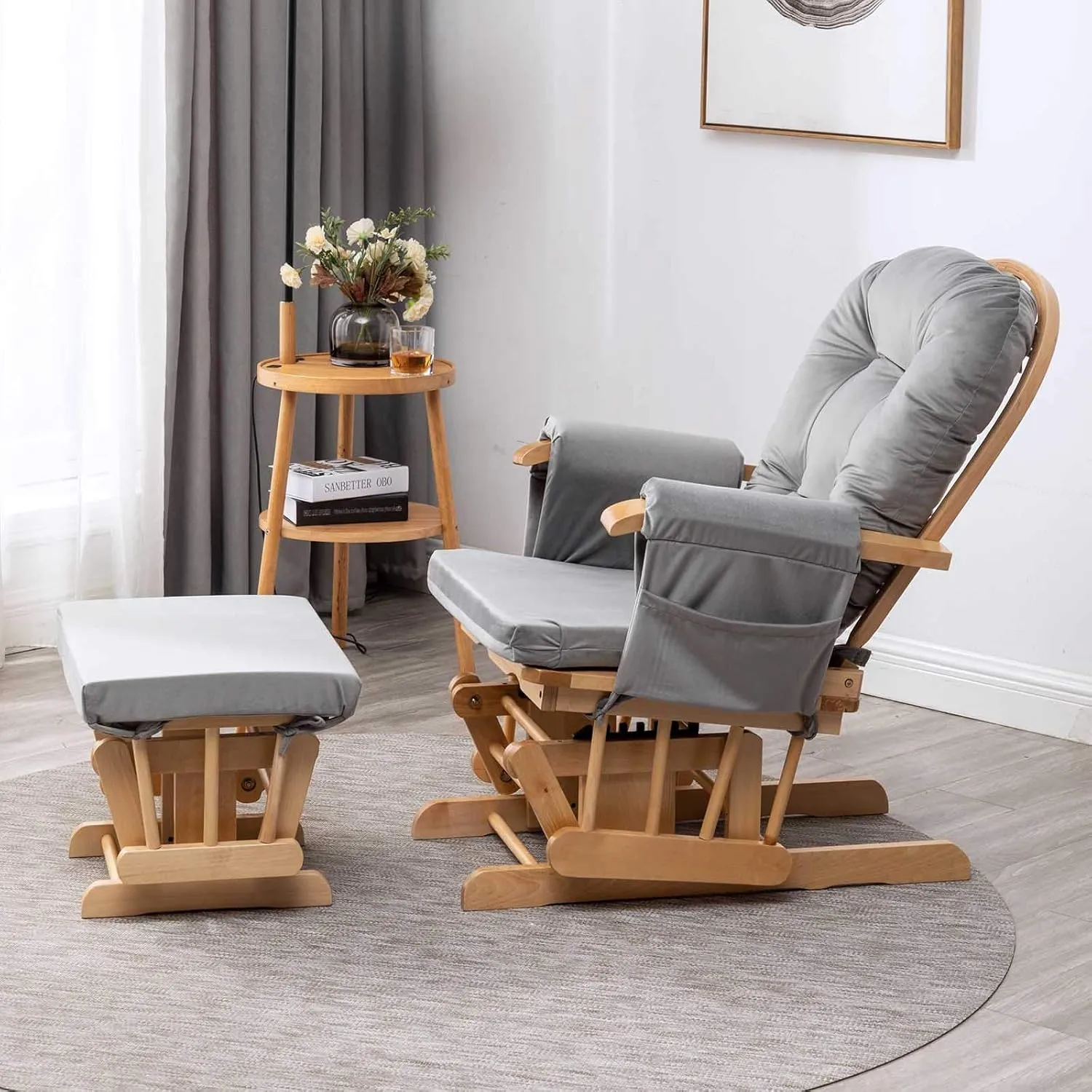 Paddie Glider Rocker Replacement Cushions Velvet with Storage, Rocking Chair Cushion Set with Ties, 5PCS, Light Grey