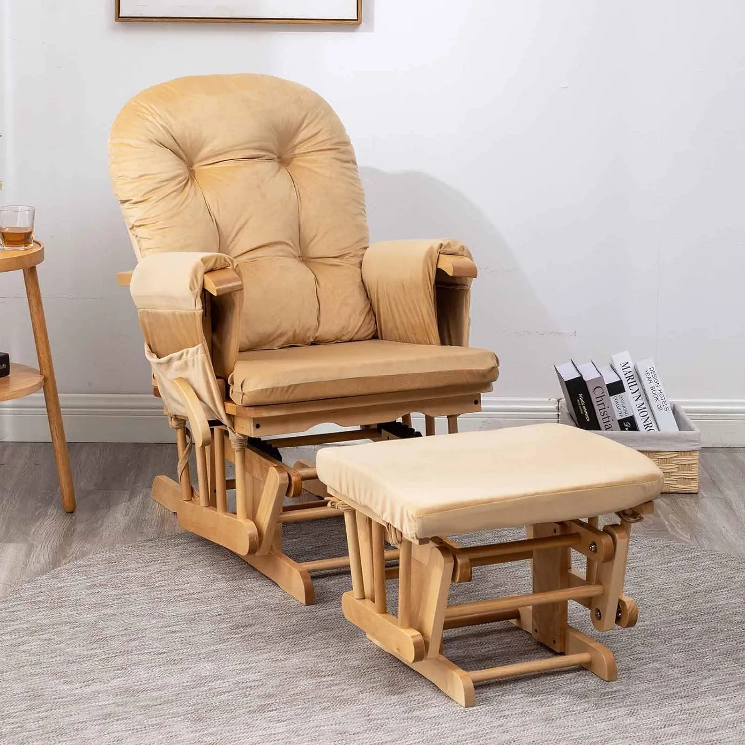 Paddie Glider Rocker Replacement Cushions Velvet with Storage, Rocking Chair Cushion Set with Ties, 5PCS, Sand