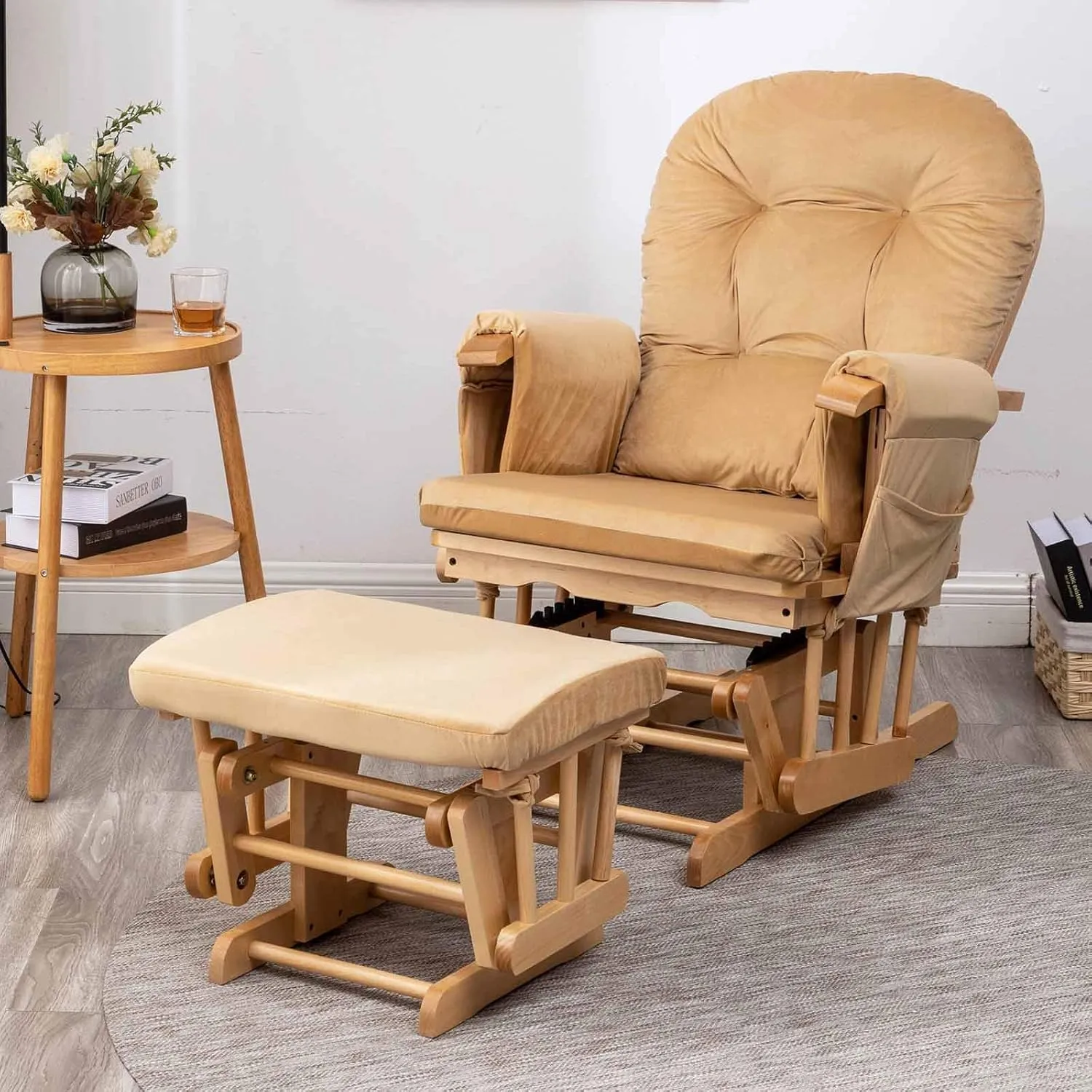 Paddie Glider Rocker Replacement Cushions Velvet with Storage, Rocking Chair Cushion Set with Ties, 5PCS, Sand
