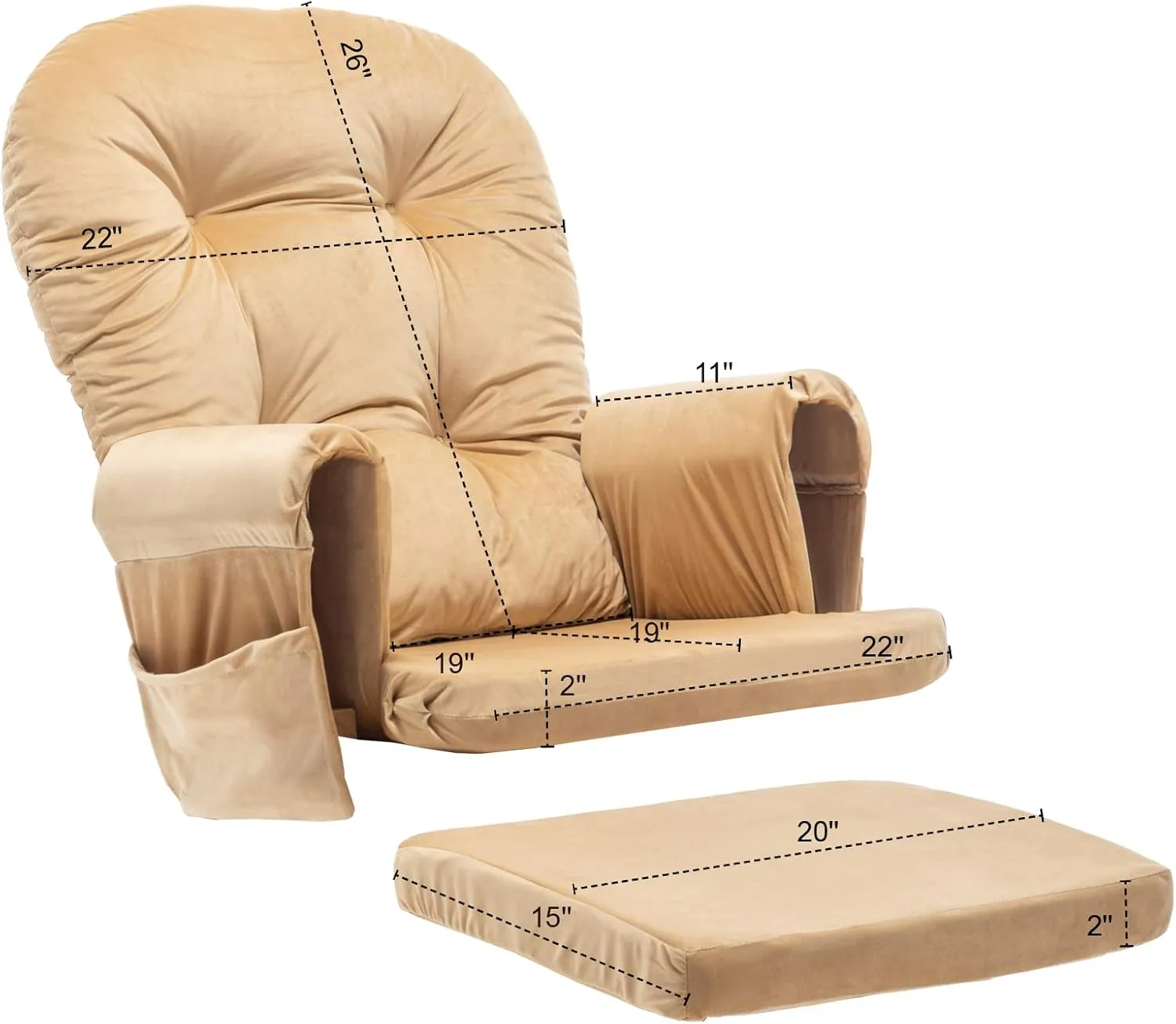 Paddie Glider Rocker Replacement Cushions Velvet with Storage, Rocking Chair Cushion Set with Ties, 5PCS, Sand