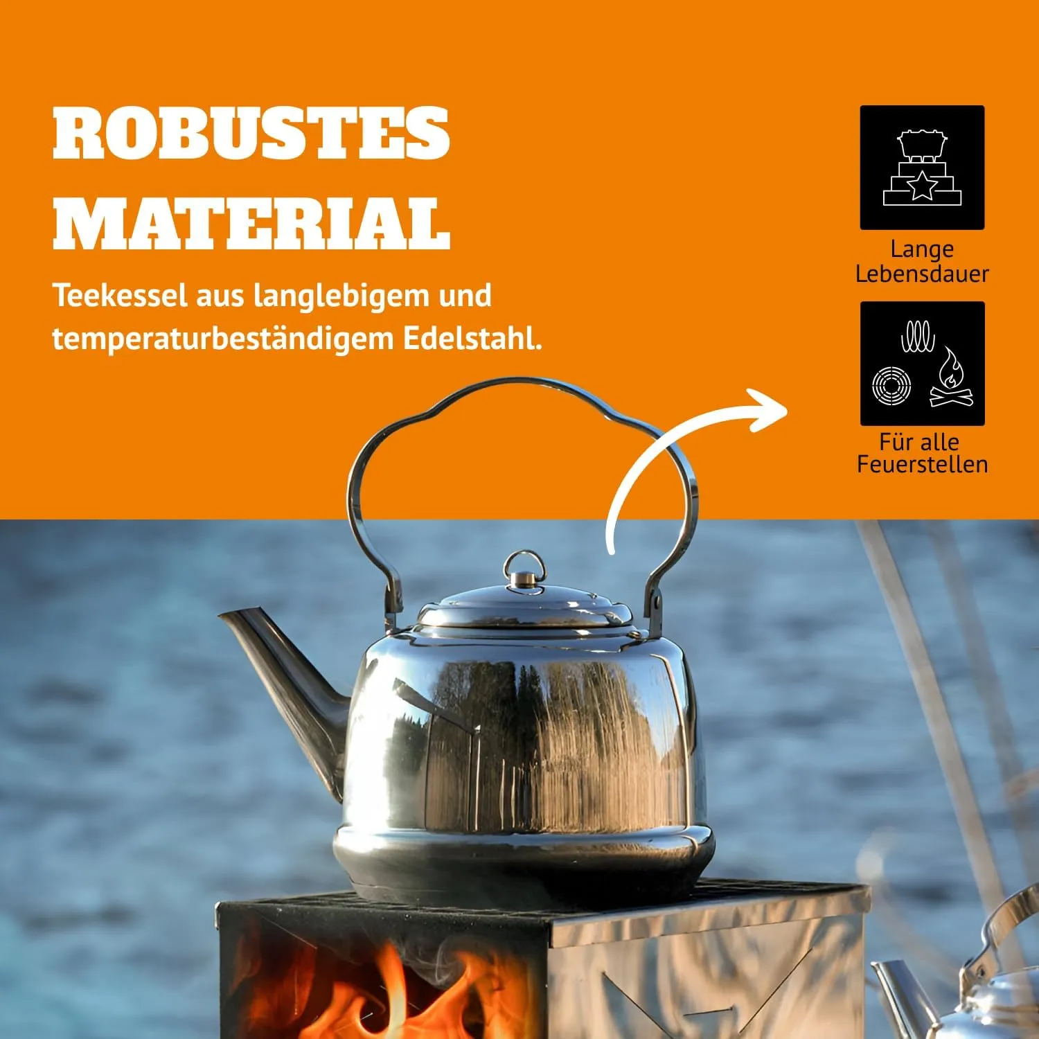 Petromax Stainless Steel Teakettle for Indoor/Outdoor Use Over an Open Campfire or in Your Kitchen