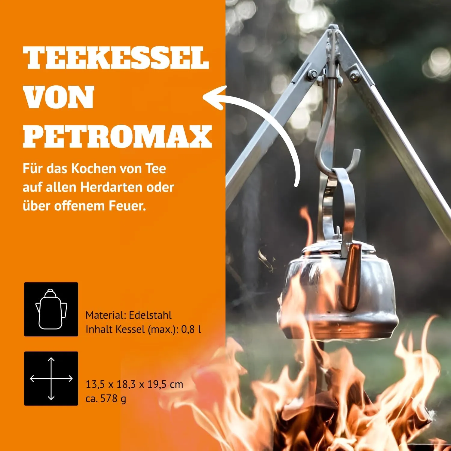Petromax Stainless Steel Teakettle for Indoor/Outdoor Use Over an Open Campfire or in Your Kitchen