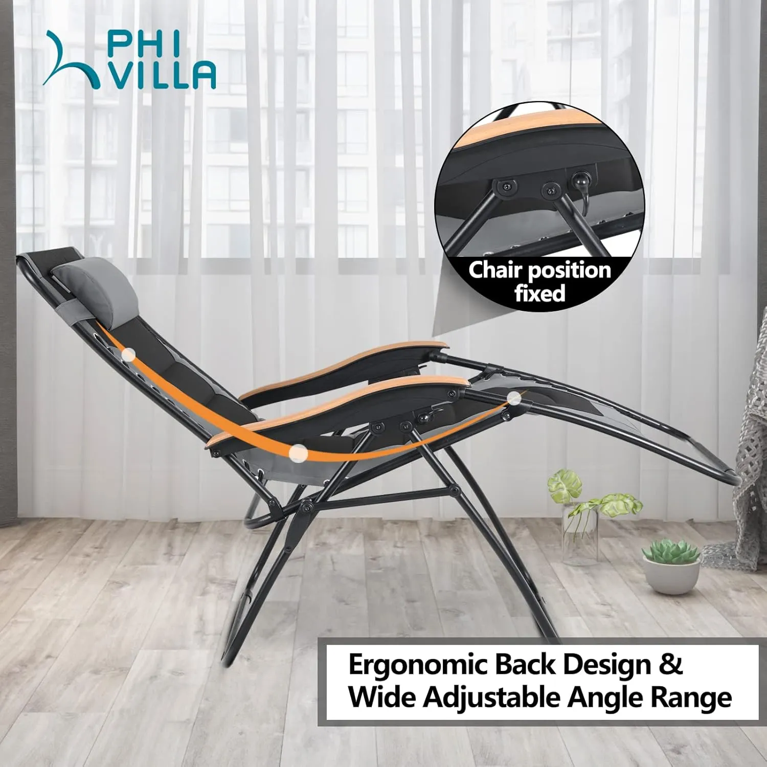 PHI VILLA XL Oversize Zero Gravity Chair Padded Recliner Oversize Lounge Chair with Free Cup Holder,Support 350 LBS (Grey)