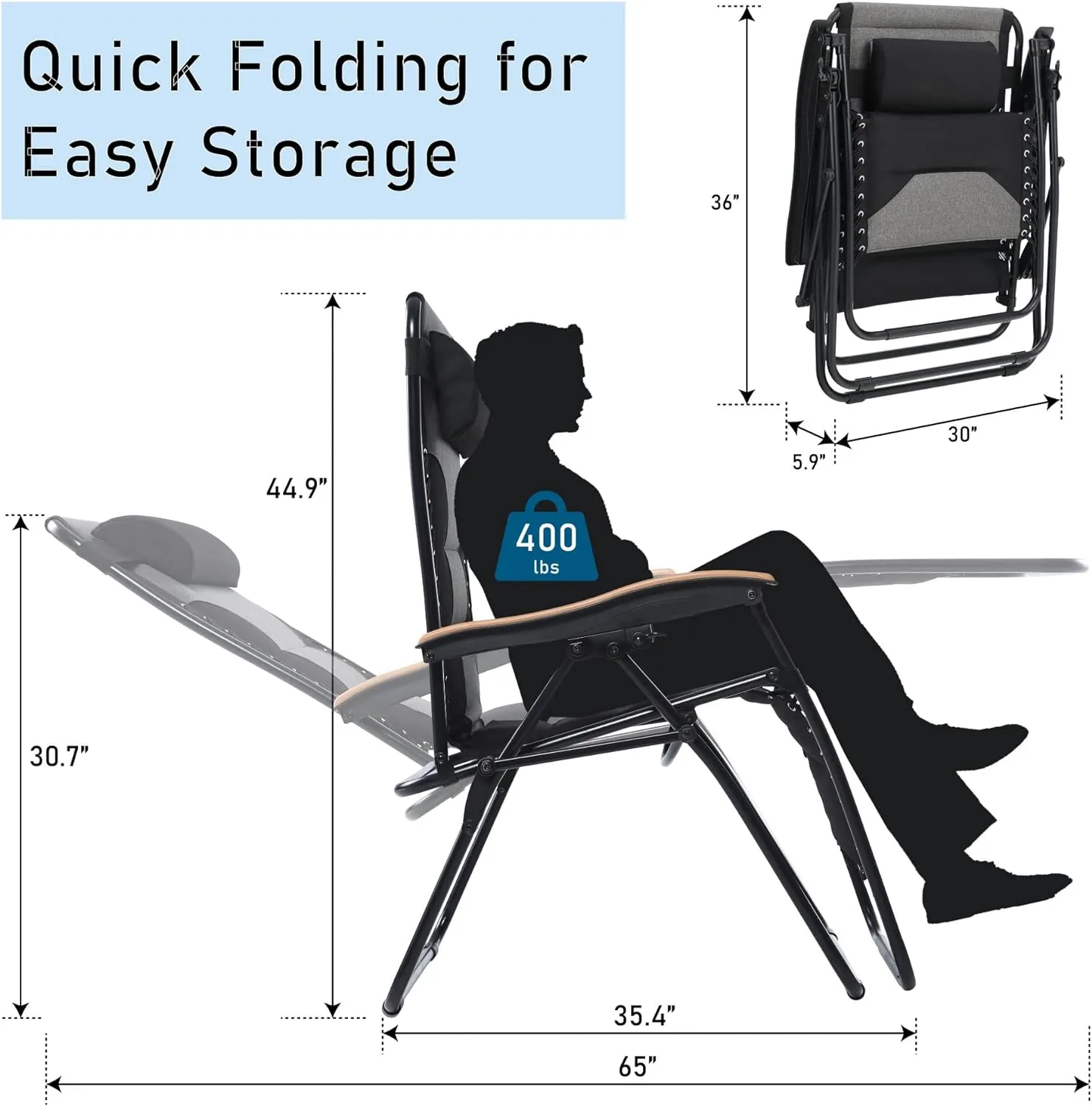 PHI VILLA XXL Oversized Padded Zero Gravity Chair, Foldable Patio Recliner, 30" Wide Seat Anti Gravity Lounger with Cup Holder, Set of 2, Support 400 LBS (Black)