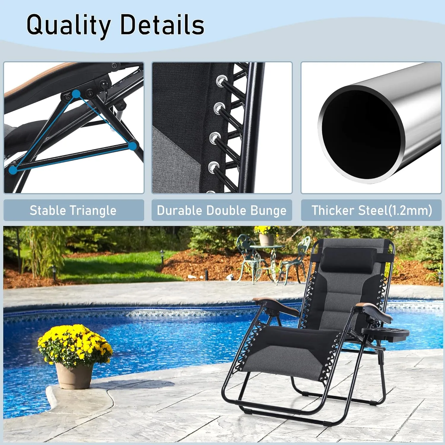 PHI VILLA XXL Oversized Padded Zero Gravity Chair, Foldable Patio Recliner, 30" Wide Seat Anti Gravity Lounger with Cup Holder, Set of 2, Support 400 LBS (Black)