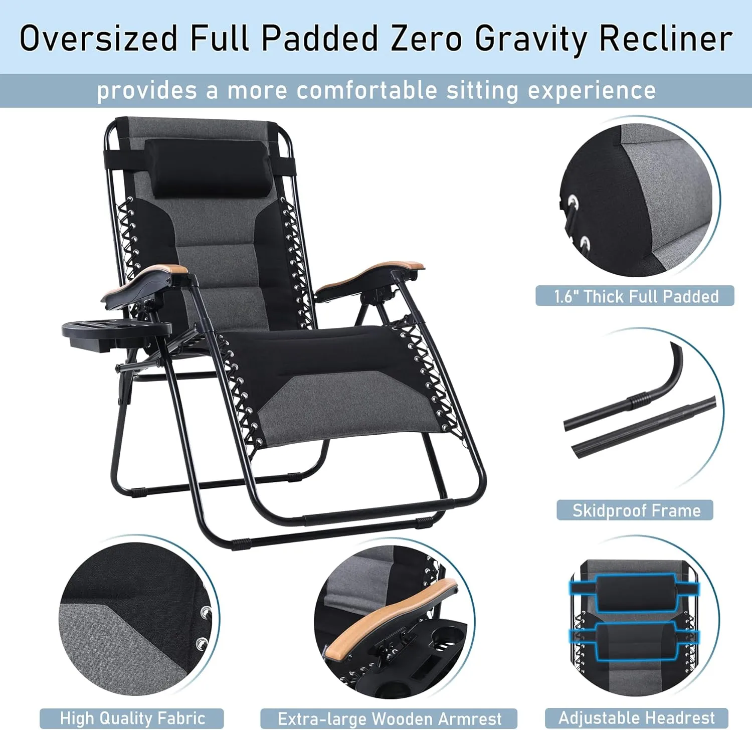 PHI VILLA XXL Oversized Padded Zero Gravity Chair, Foldable Patio Recliner, 30" Wide Seat Anti Gravity Lounger with Cup Holder, Set of 2, Support 400 LBS (Black)