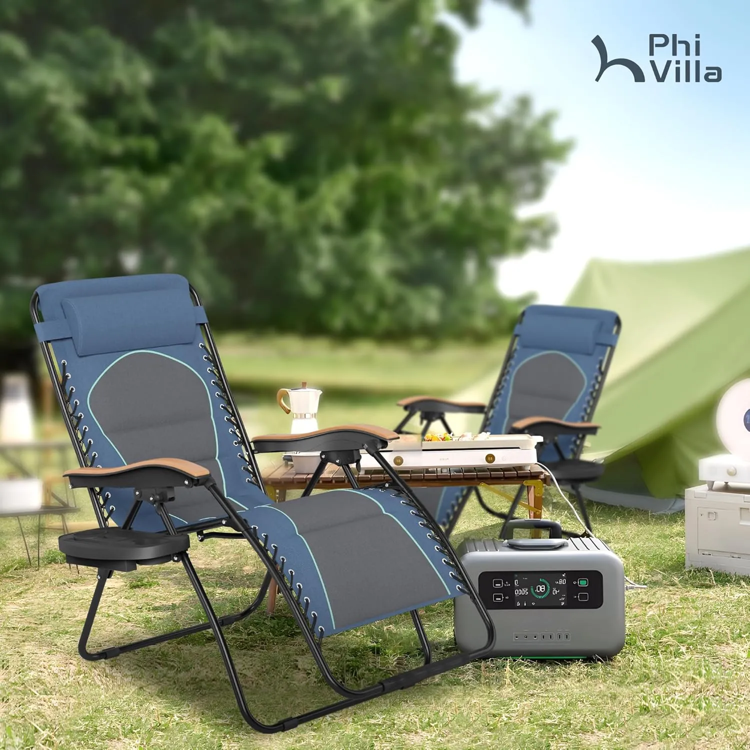PHI VILLA XXL Oversized Padded Zero Gravity Chair, Foldable Patio Recliner, 30" Wide Seat Anti Gravity Lounger with Cup Holder, Set of 2, Support 400 LBS (Blue Accent)
