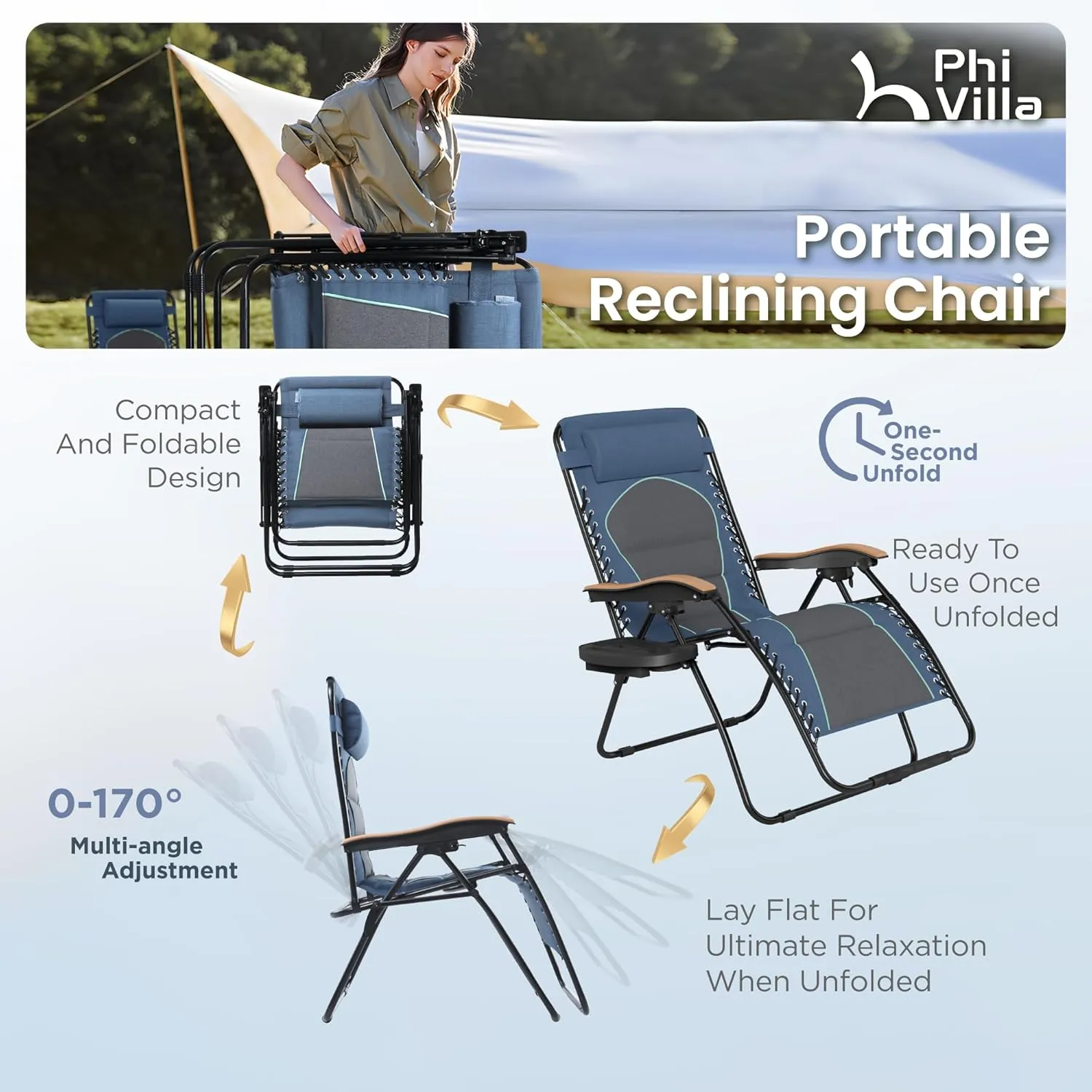 PHI VILLA XXL Oversized Padded Zero Gravity Chair, Foldable Patio Recliner, 30" Wide Seat Anti Gravity Lounger with Cup Holder, Set of 2, Support 400 LBS (Blue Accent)