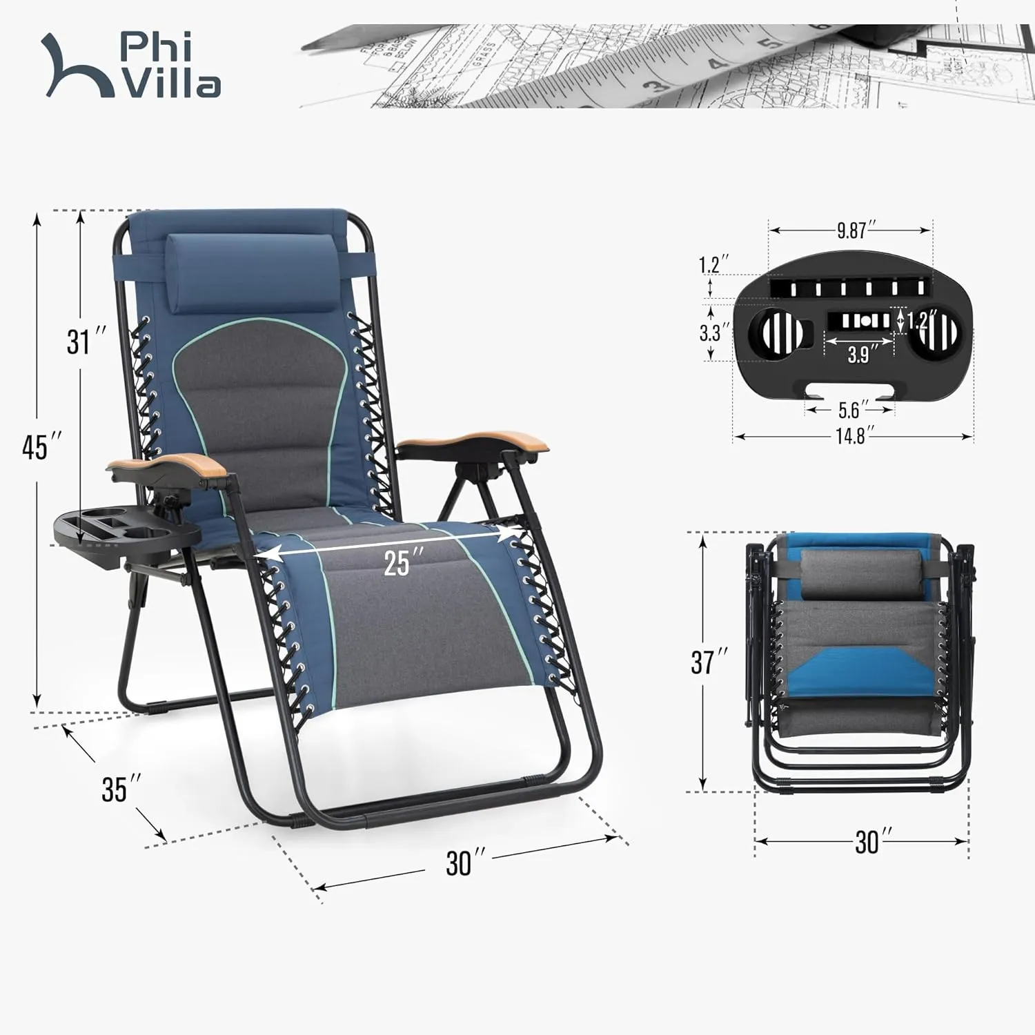 PHI VILLA XXL Oversized Padded Zero Gravity Chair, Foldable Patio Recliner, 30" Wide Seat Anti Gravity Lounger with Cup Holder, Set of 2, Support 400 LBS (Blue Accent)