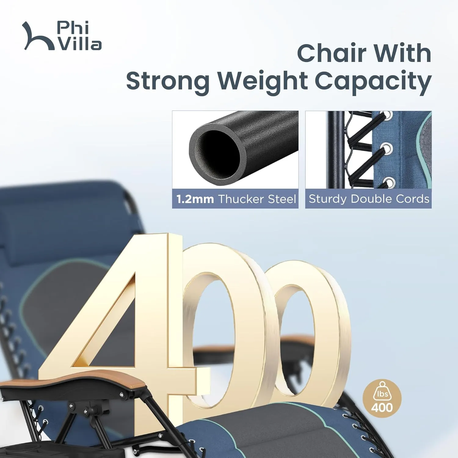 PHI VILLA XXL Oversized Padded Zero Gravity Chair, Foldable Patio Recliner, 30" Wide Seat Anti Gravity Lounger with Cup Holder, Set of 2, Support 400 LBS (Blue Accent)