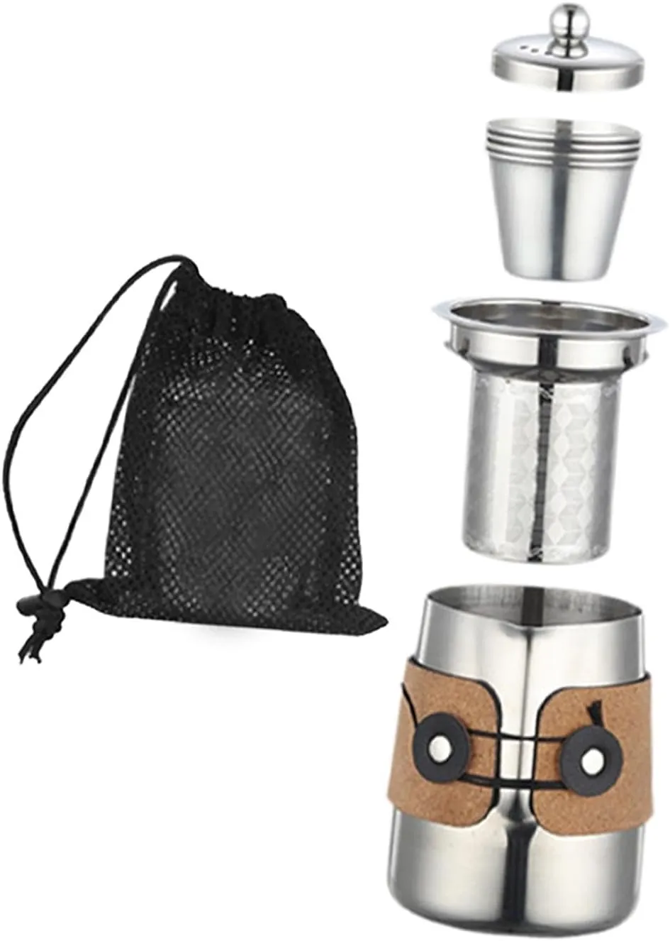 pistro Camping Tea Kettle Mugs Set with 4 Teacups Stainless Steel Tea Pot Compact Anti Scalding Drinkware for Office Hotel Travel Outdoor- Silver