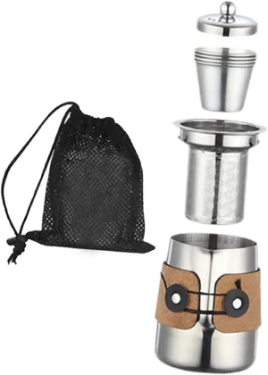 pistro Camping Tea Kettle Mugs Set with 4 Teacups Stainless Steel Tea Pot Compact Anti Scalding Drinkware for Office Hotel Travel Outdoor- Silver