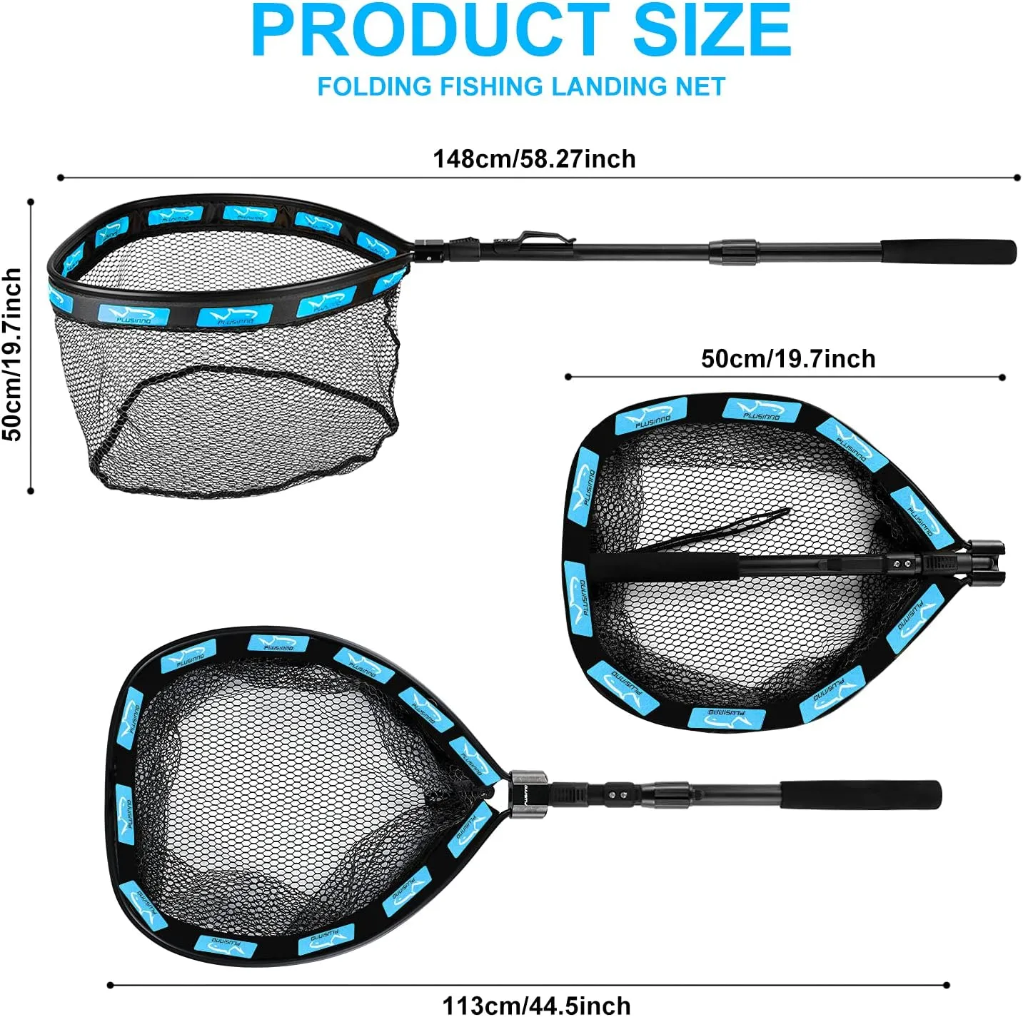 PLUSINNO Floating Fishing Net for Steelhead, Salmon, Fly, Kayak, Bass, Trout Fishing, Catfish, Rubber Coated Landing Net for Easy Catch & Release for Easy Transportation & Storage