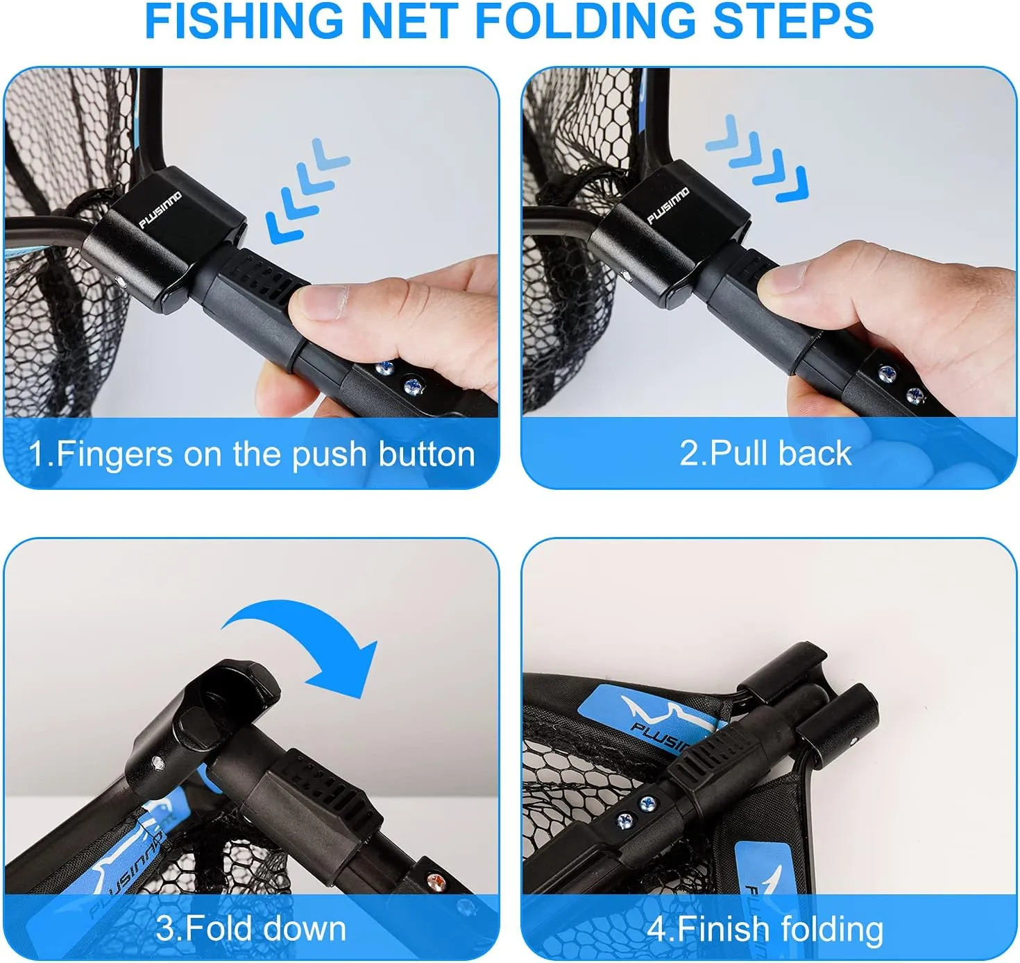 PLUSINNO Floating Fishing Net for Steelhead, Salmon, Fly, Kayak, Bass, Trout Fishing, Catfish, Rubber Coated Landing Net for Easy Catch & Release for Easy Transportation & Storage