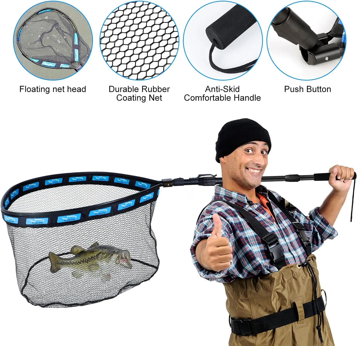 PLUSINNO Floating Fishing Net for Steelhead, Salmon, Fly, Kayak, Bass, Trout Fishing, Catfish, Rubber Coated Landing Net for Easy Catch & Release for Easy Transportation & Storage