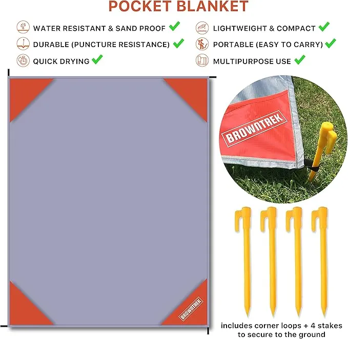 Pocket Blanket Compact Picnic Blanket (60"x 56") Beach Blanket Water Resistant, Packable Blanket, Backpacking Lightweight Tarp for Hiking, Camping, Travel, Festival Essentials