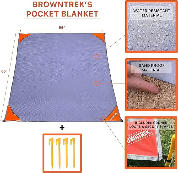Pocket Blanket Compact Picnic Blanket (60"x 56") Beach Blanket Water Resistant, Packable Blanket, Backpacking Lightweight Tarp for Hiking, Camping, Travel, Festival Essentials