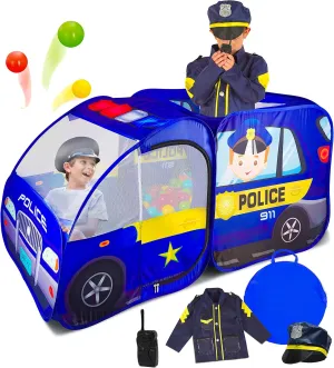 Police Car Pop Up Play Tent with Sound Button and Policeman Officer Costume for Kids, Toddlers, Boys, Girls, Indoors & Outdoors – Playhouse for Interactive Fun - Foldable, Quick Setup Pretend Play