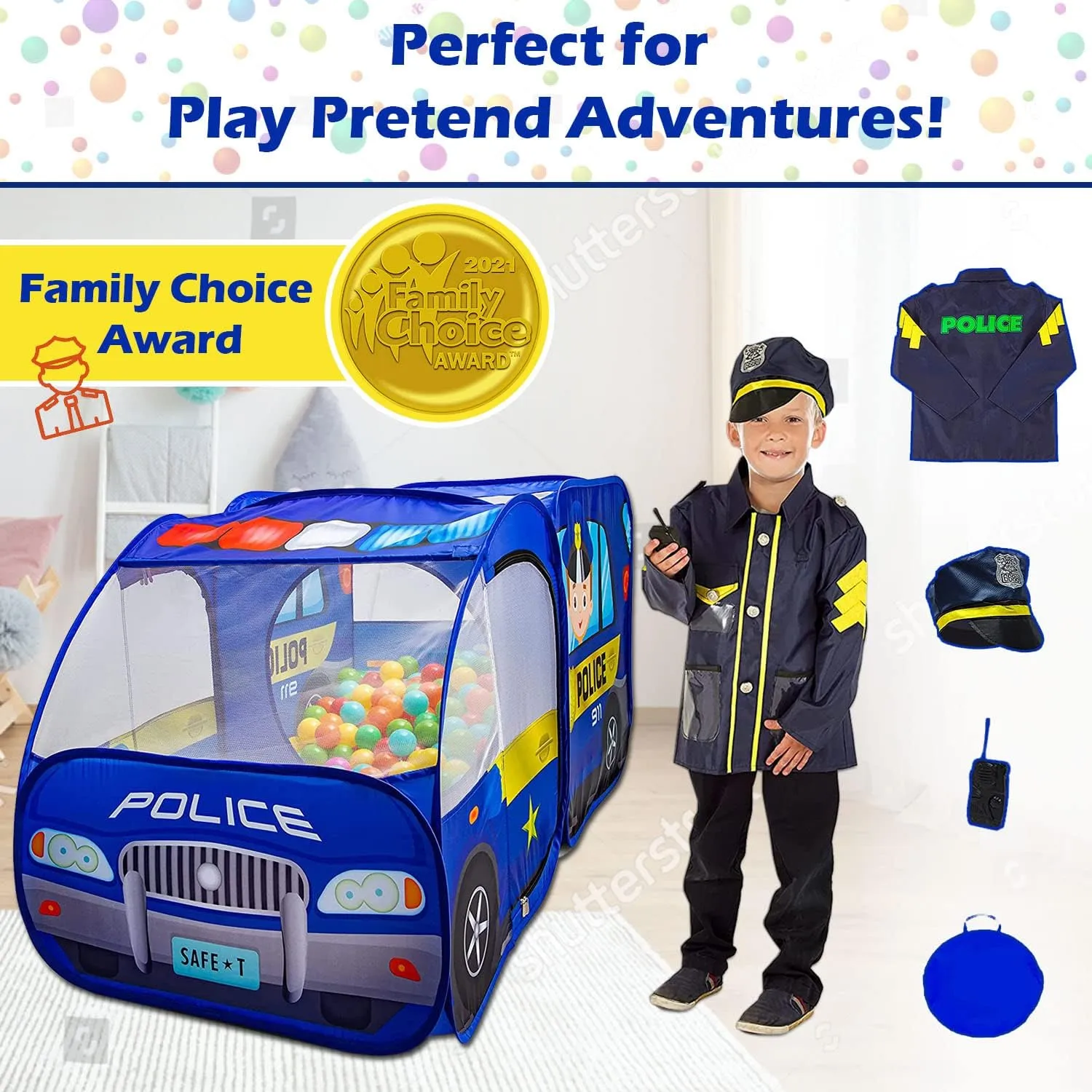 Police Car Pop Up Play Tent with Sound Button and Policeman Officer Costume for Kids, Toddlers, Boys, Girls, Indoors & Outdoors – Playhouse for Interactive Fun - Foldable, Quick Setup Pretend Play