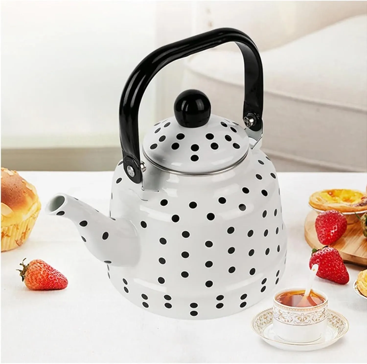 Polka Dot Enamel Camping Kettle, Portable Outdoor Pot for Boiling Water & Cooking(1.1L)