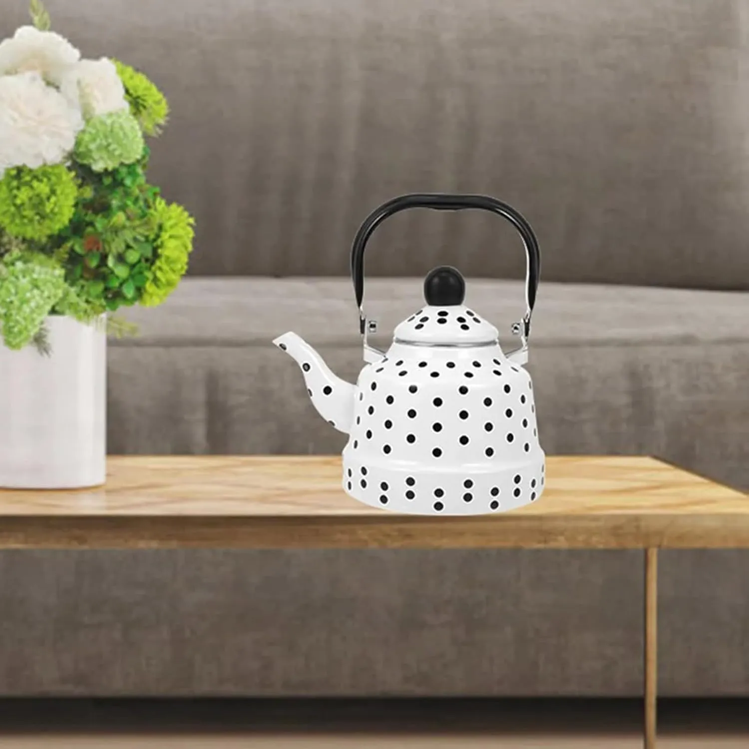 Polka Dot Enamel Camping Kettle, Portable Outdoor Pot for Boiling Water & Cooking(1.1L)