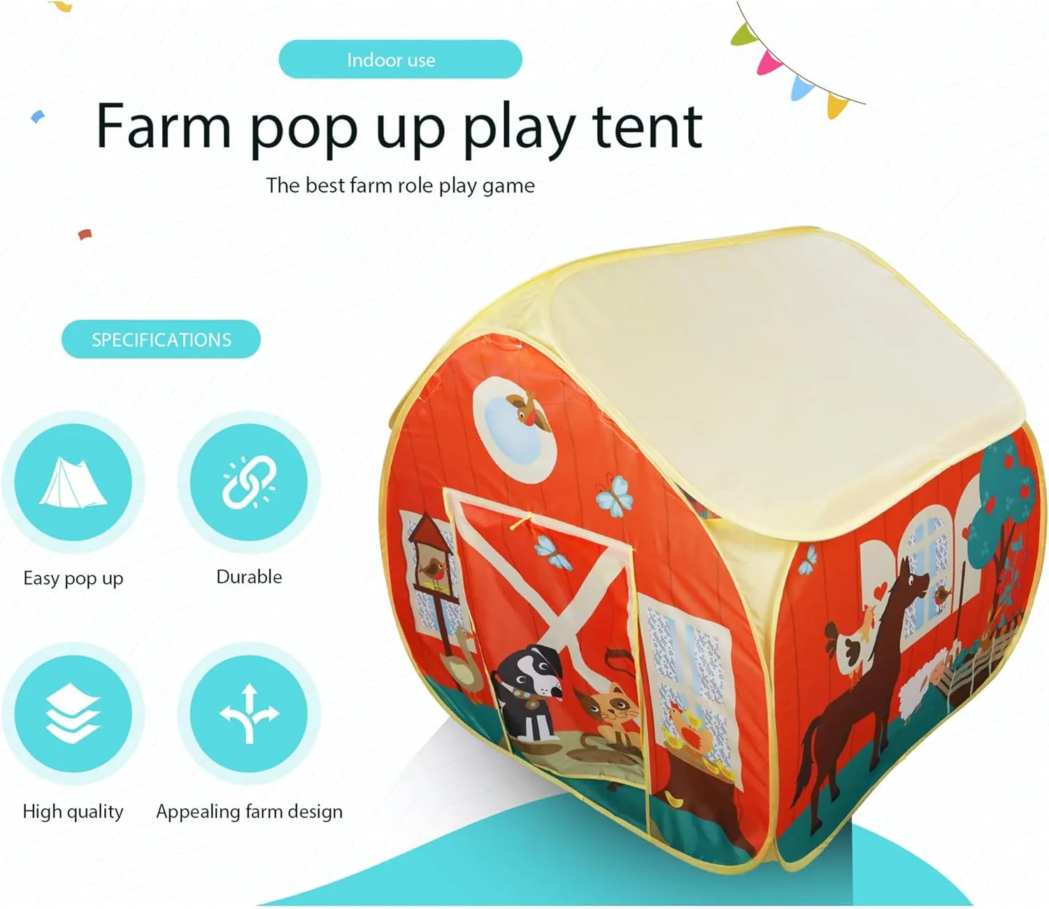 Pop It Up|Farm Play - Pop-Up Playtent - Indoor Playhouse, Front & Back Doors, Spacious Interior, Pretend Play, Toddlers & Kids Ages 3  Fun2Give