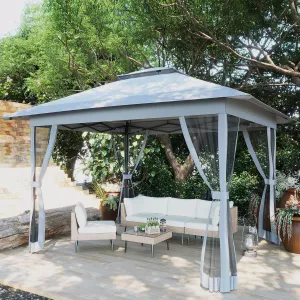 Pop Up Gazebo 12x12 with Mosquito Netting, 4-Step Quick Setup Canopy Tent, Double Roof 10x10 Frame Design, Sandbags & Wind Ropes Include Outdoor Gazebo Tent for Patio, Backyard (Gray)