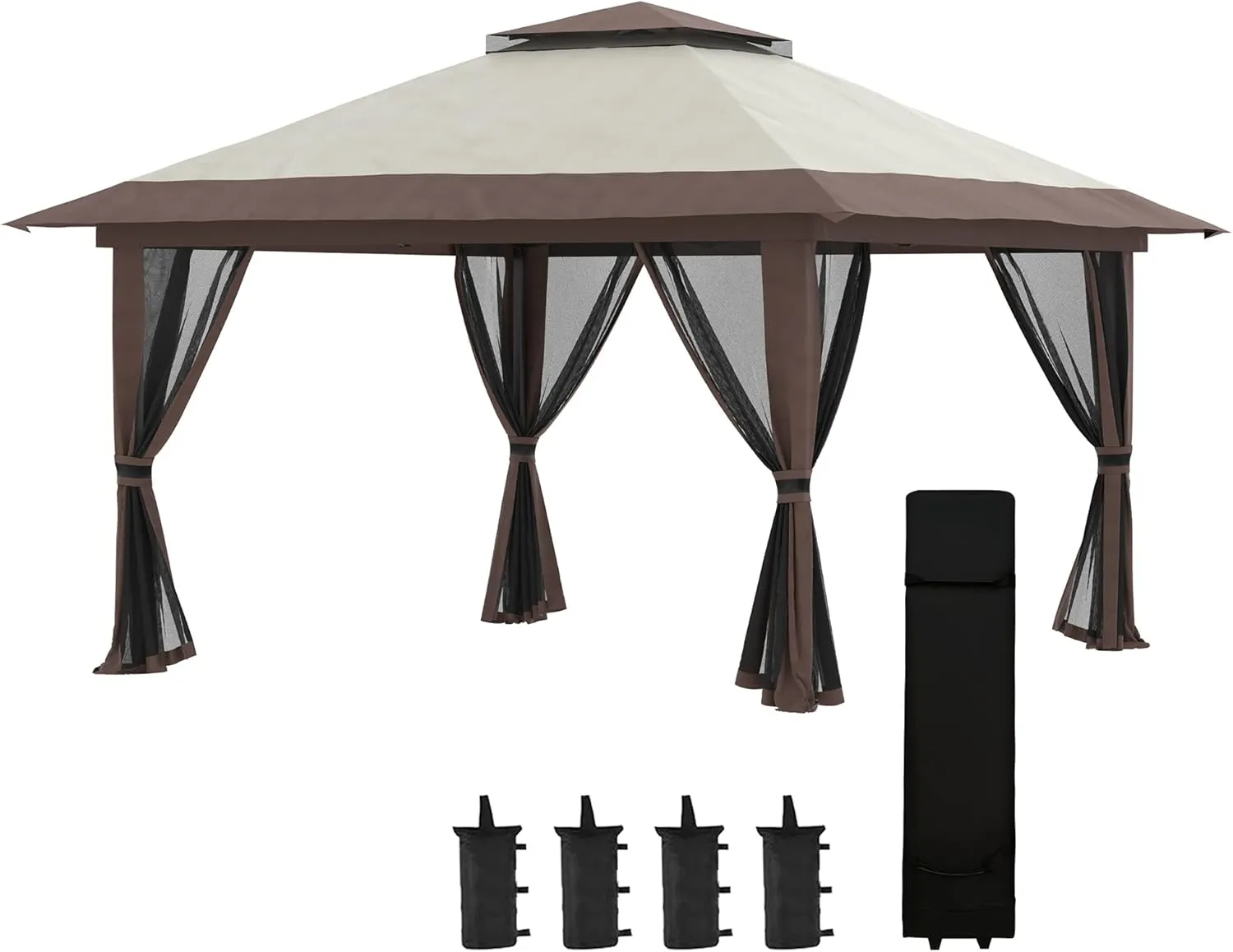 Pop Up Gazebo with Netting,Instant Canopy Tent Shelter with 2-Tier Roof, Wheeled Carry Bag,Water,Sand Bags for Outdoor,Garden,Parties,Beige
