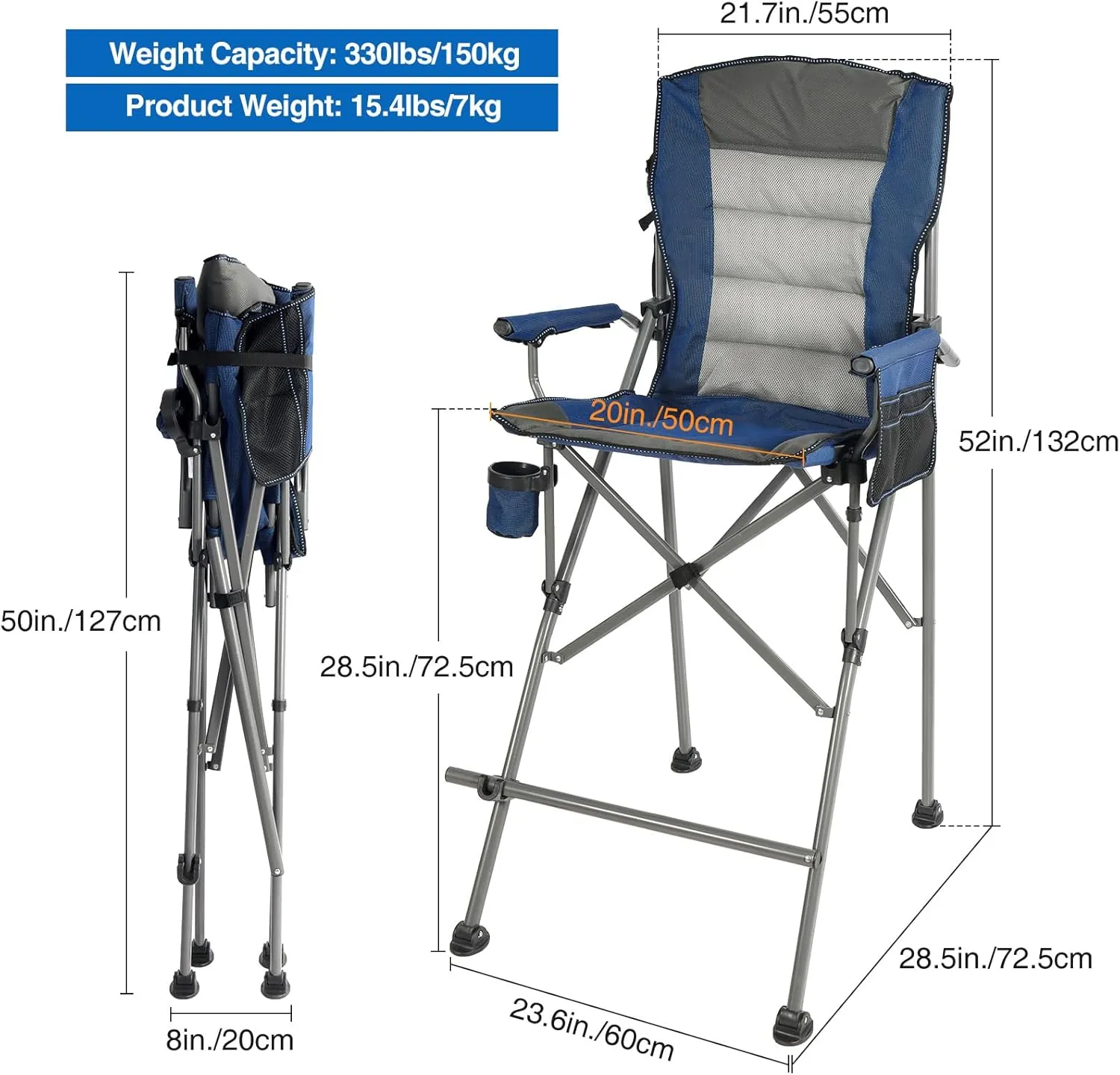 Portable Bar Height Foldable Director Chairs for Adults 330lbs, Extra Tall Folding Chairs for Camping Outside, Comfortable with High Back and Footrest, Blue