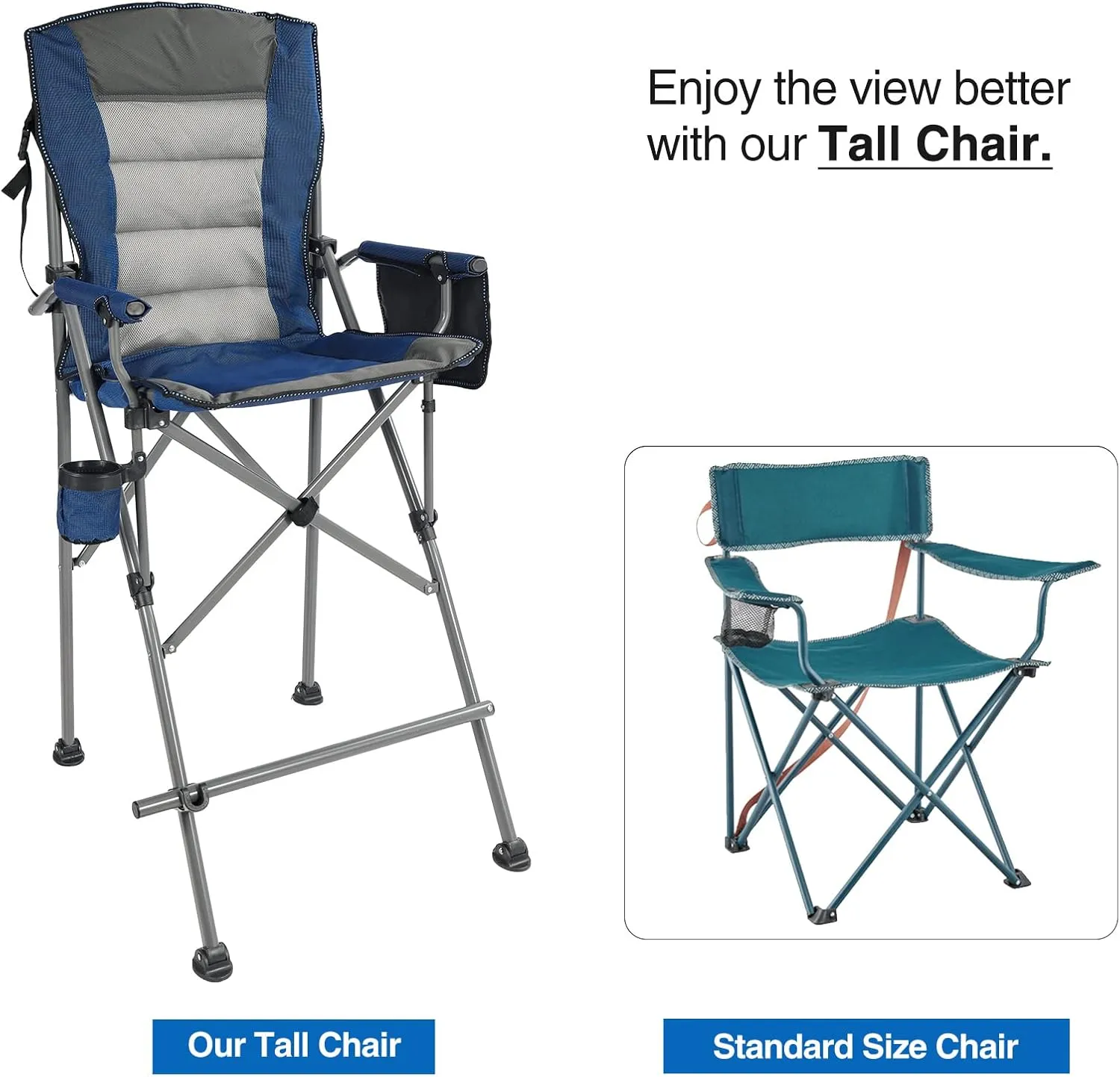 Portable Bar Height Foldable Director Chairs for Adults 330lbs, Extra Tall Folding Chairs for Camping Outside, Comfortable with High Back and Footrest, Blue