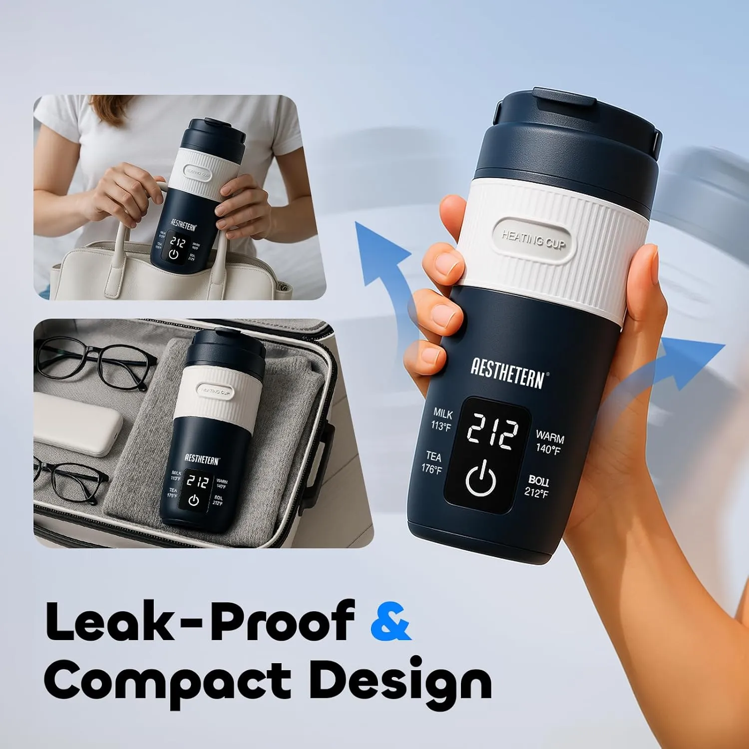 Portable Electric Kettle, Travel Electric Kettle with 4 Temp Presets, 400 ML Hot Water Boiler with Boil Dry Protection, 304 Stainless Steel Mini Kettle for Home, Office, Camping (Navy & Grey)