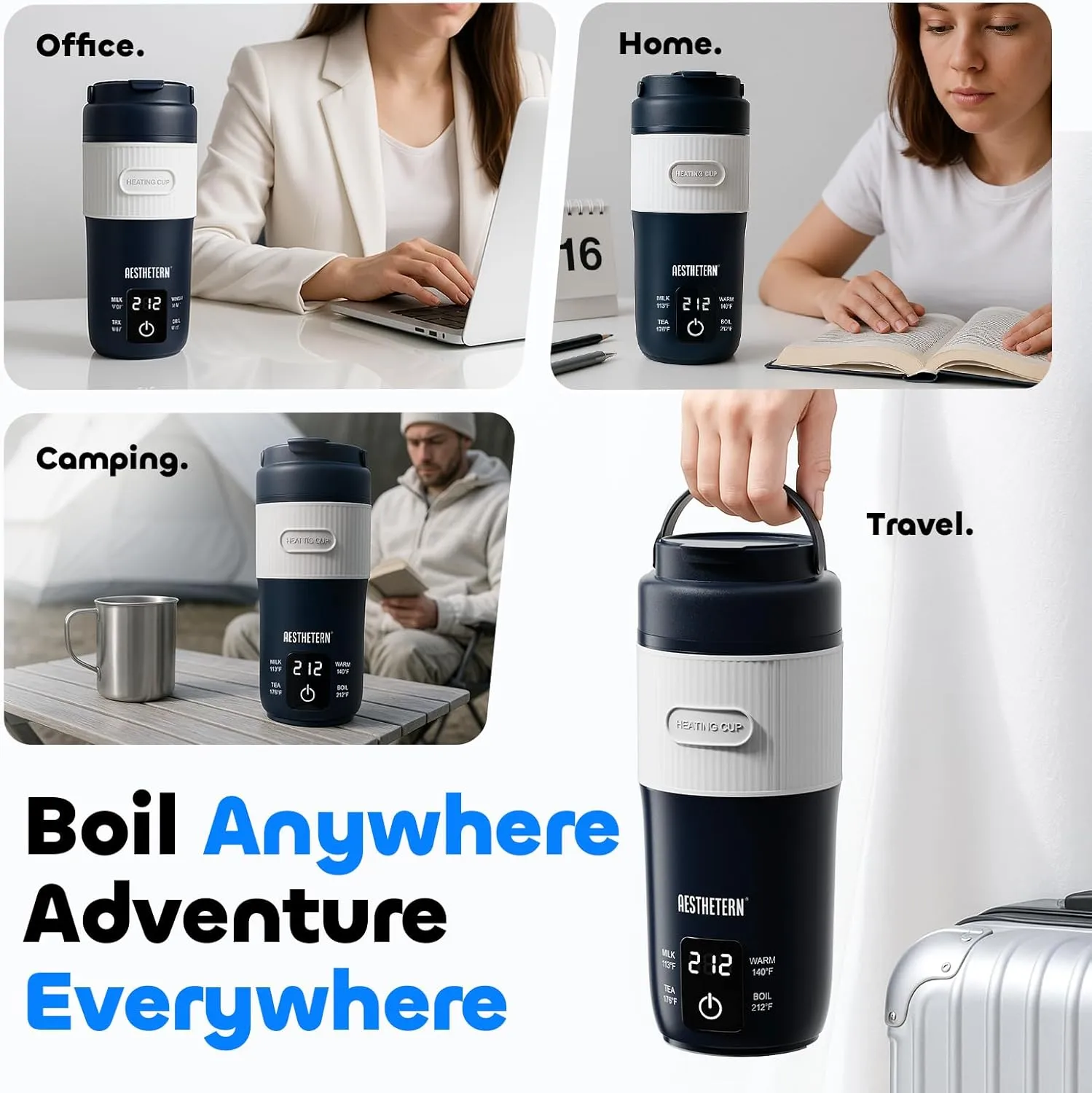 Portable Electric Kettle, Travel Electric Kettle with 4 Temp Presets, 400 ML Hot Water Boiler with Boil Dry Protection, 304 Stainless Steel Mini Kettle for Home, Office, Camping (Navy & Grey)